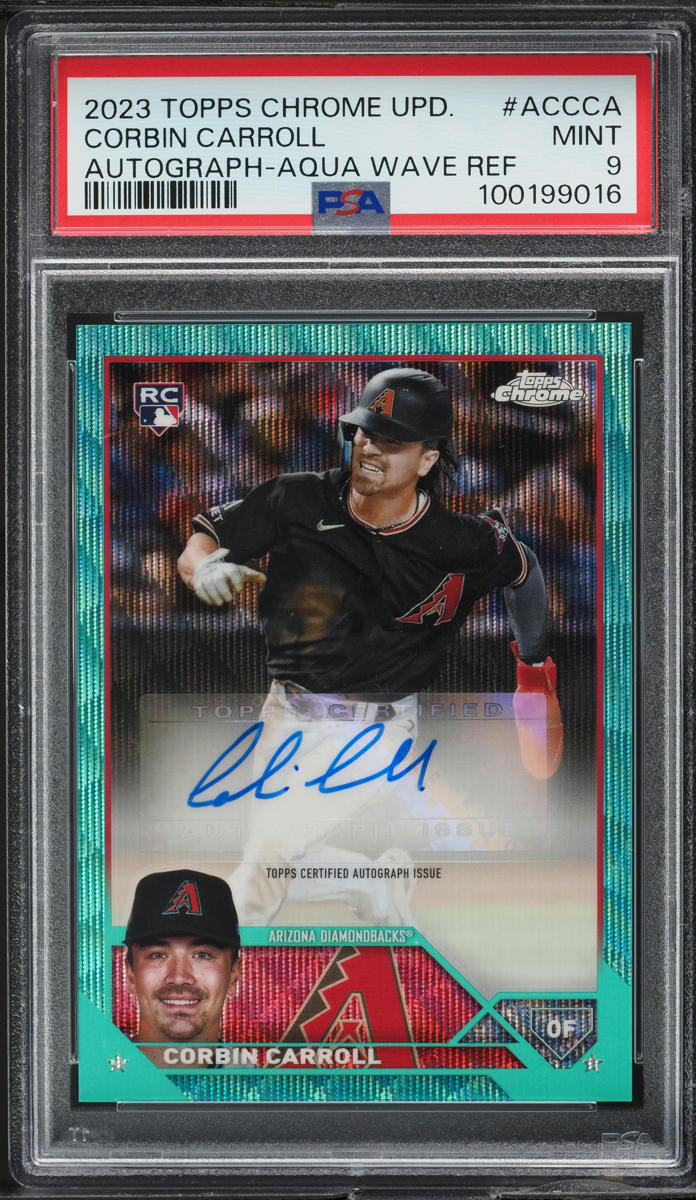 2023 Topps Chrome Update Aqua Wave Refractor Corbin Carroll RC AUTO /199 PSA 9
