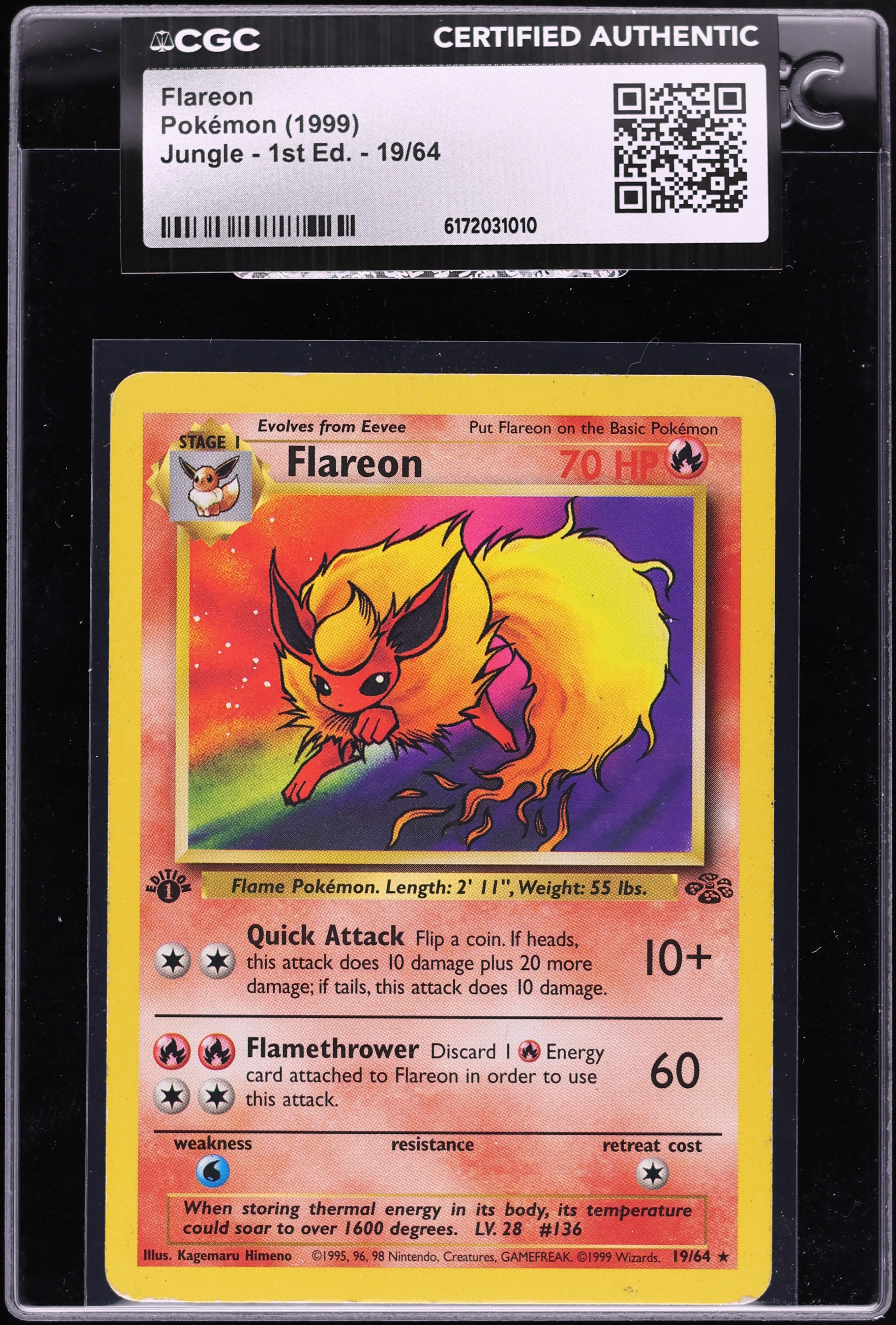 1999 Pokemon Jungle 1st Edition Flareon #19 CGC AUTH
