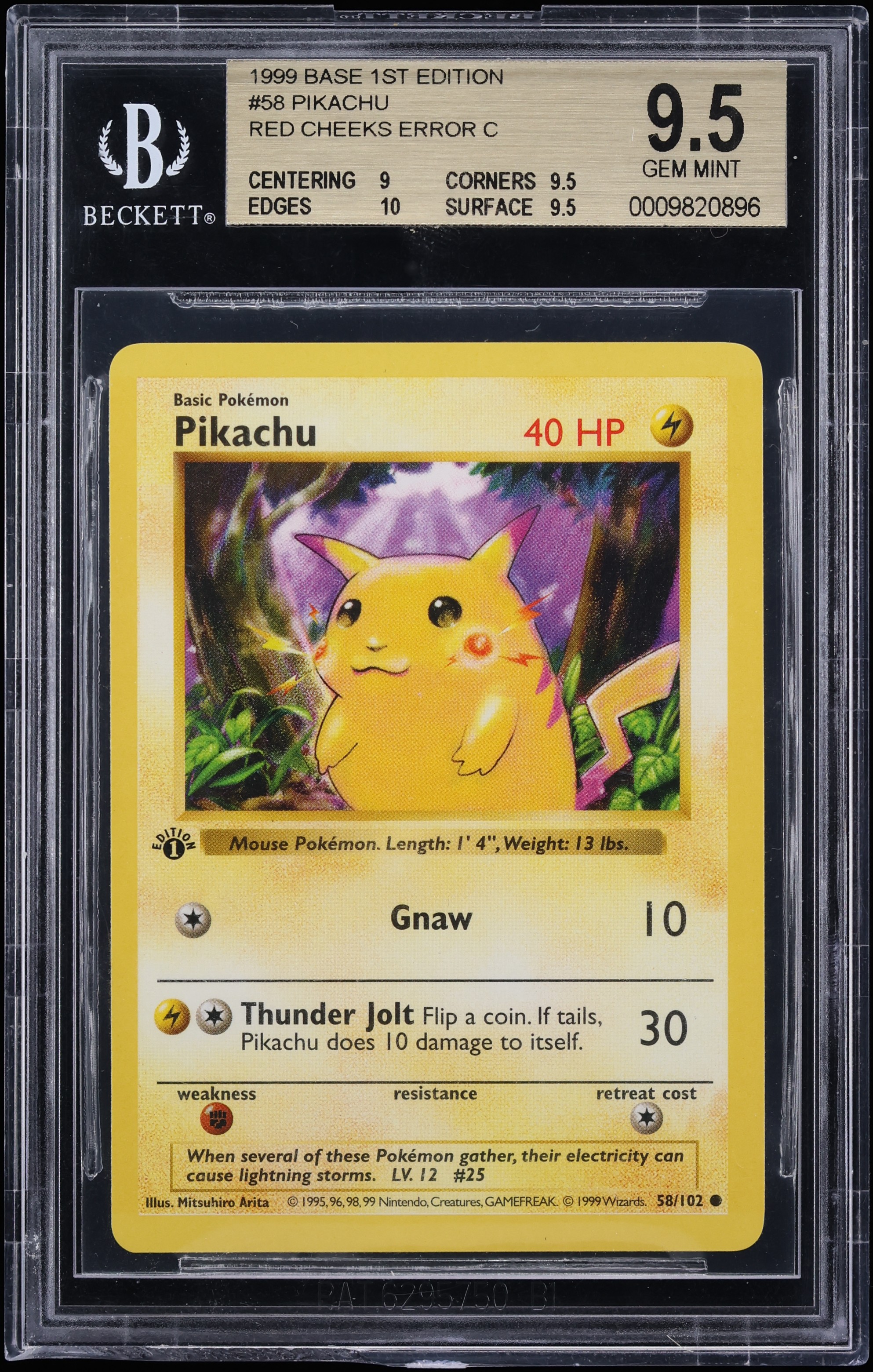 1999 Pokemon Base Set 1st Edition Red Cheeks Error Pikachu #58 BGS 9.5 GEM MINT