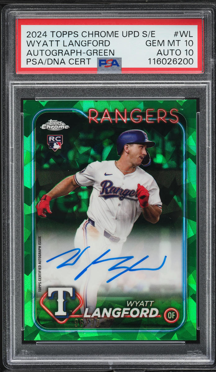 2024 Topps Chrome Upd. Sapphire Green Wyatt Langford RC AUTO DNA 10 /99 PSA 10