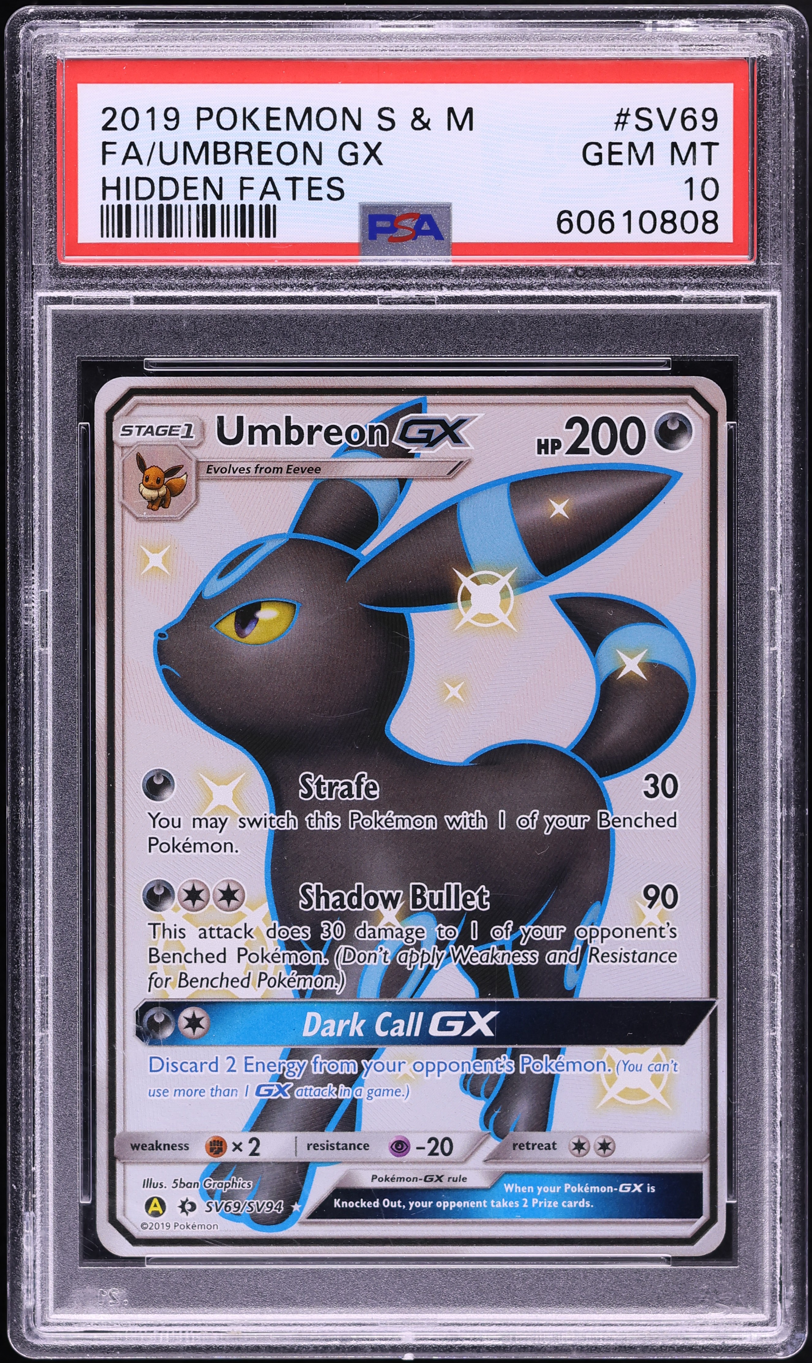 2019 Pokemon Sun & Moon Hidden Fates Shiny Vault Full Art Umbreon GX #SV69 PSA 10 GEM MINT