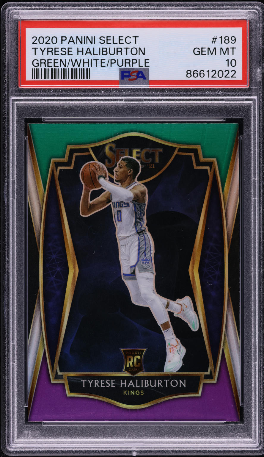 2020 Select Premier Level Green White Purple Prizm Tyrese Haliburton RC PSA 10