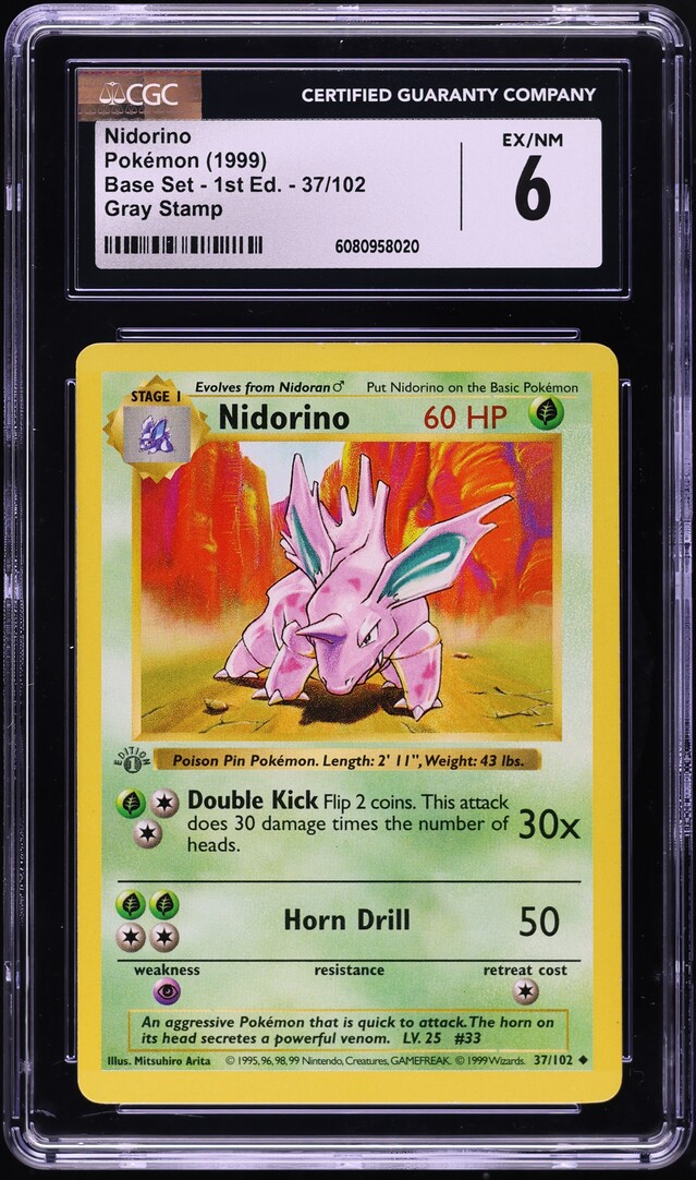 1999 Pokemon Base Set Shadowless 1st Edition Gray Stamp Nidorino #37 CGC 6 EXMT