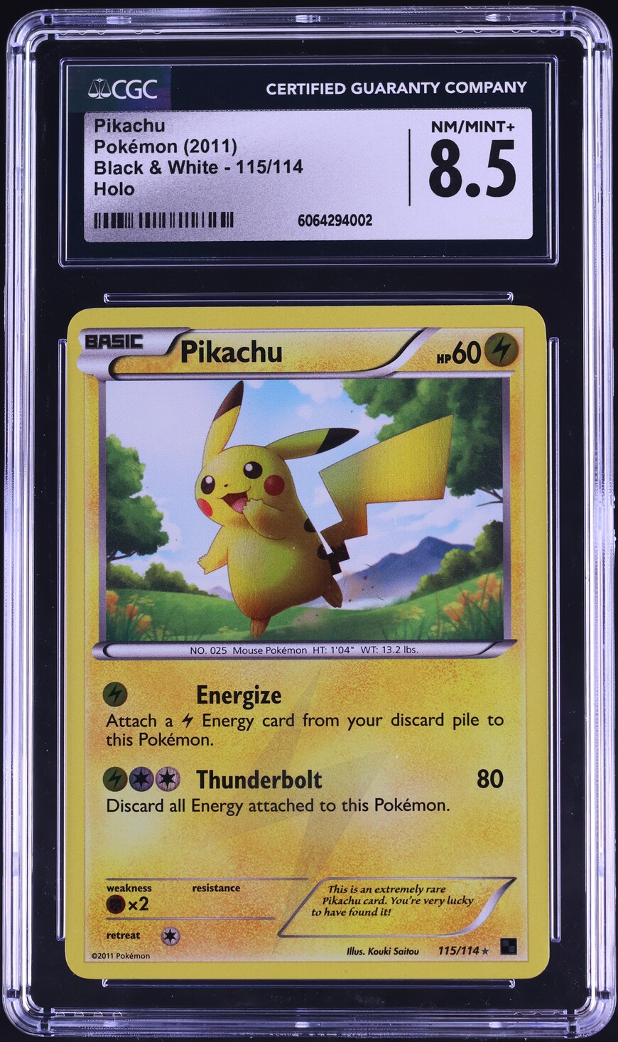 2011 Pokemon Black & White Holo Pikachu #115 CGC 8.5 NM-MT+