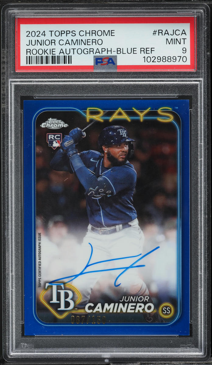 2024 Topps Chrome Blue Refractor Junior Caminero ROOKIE AUTO /150 #RAJCA PSA 9