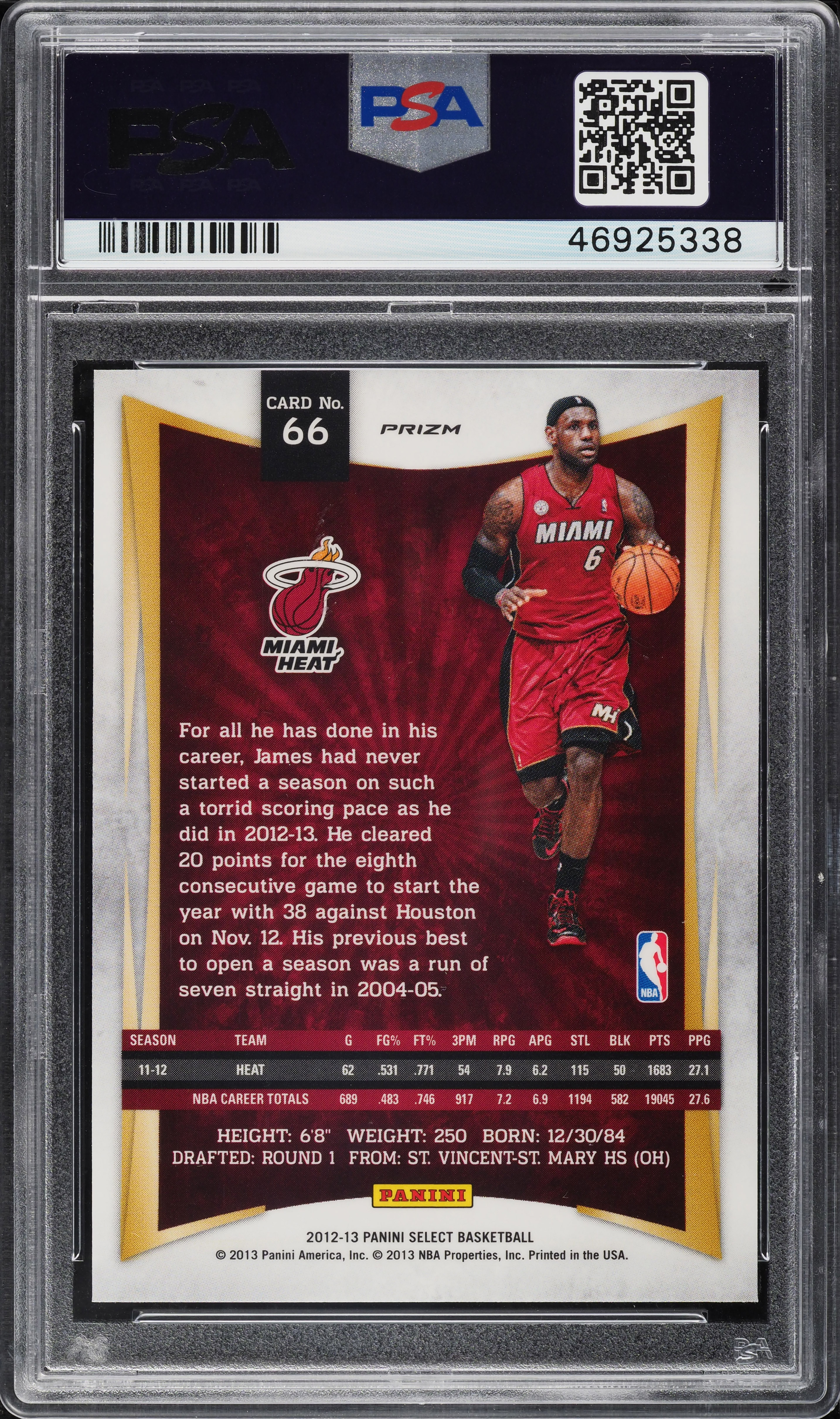 2012 Panini Select Silver Prizm LeBron James #66 PSA 9 MINT