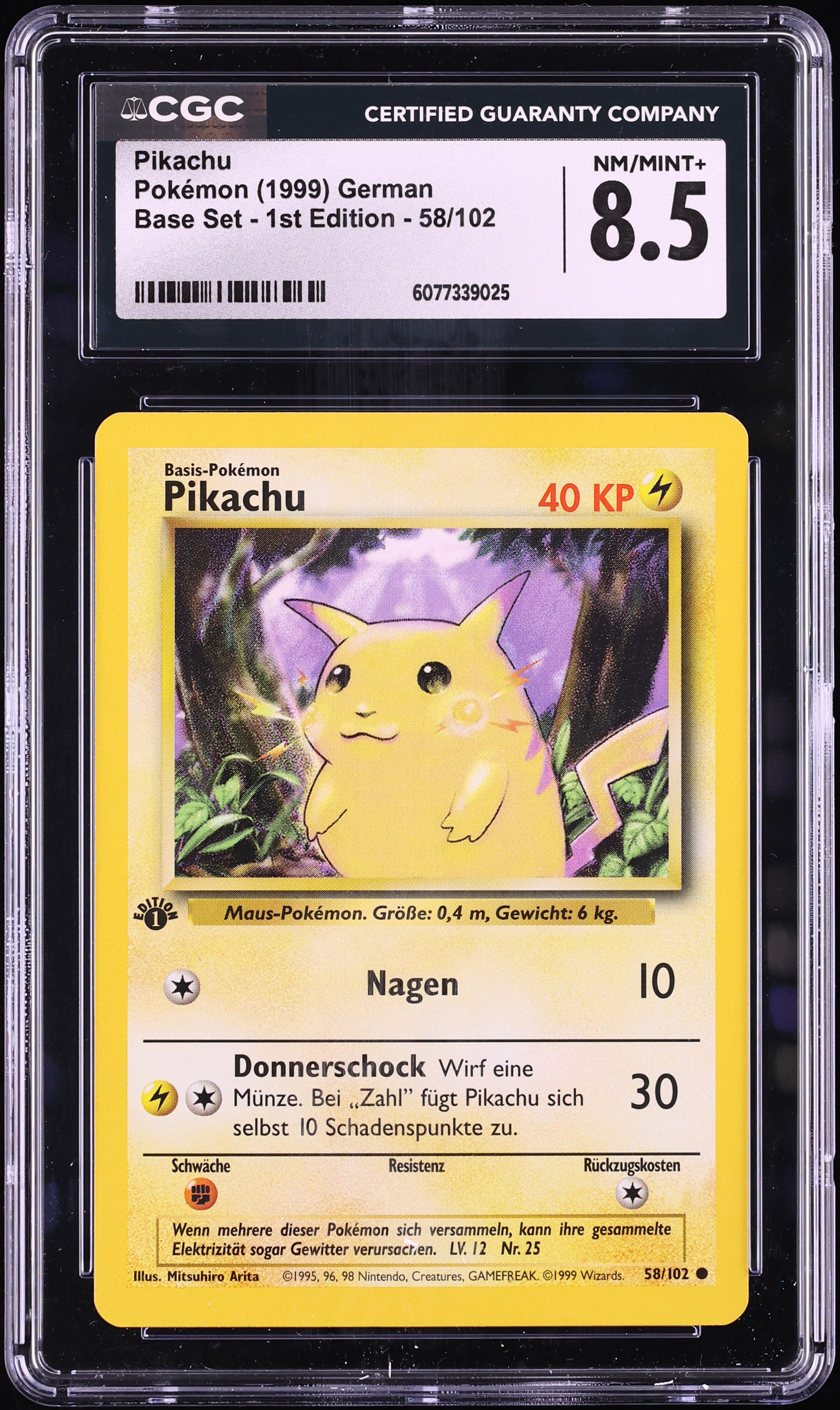 1999 Pokemon German Base Set 1st Edition Pikachu #58 CGC 8.5 NM-MT+