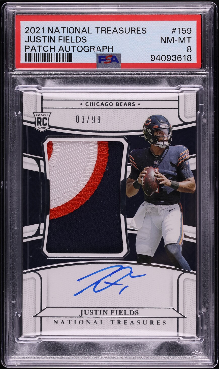 2021 National Treasures Justin Fields ROOKIE PATCH AUTO /99 #159 PSA 8 NM-MT