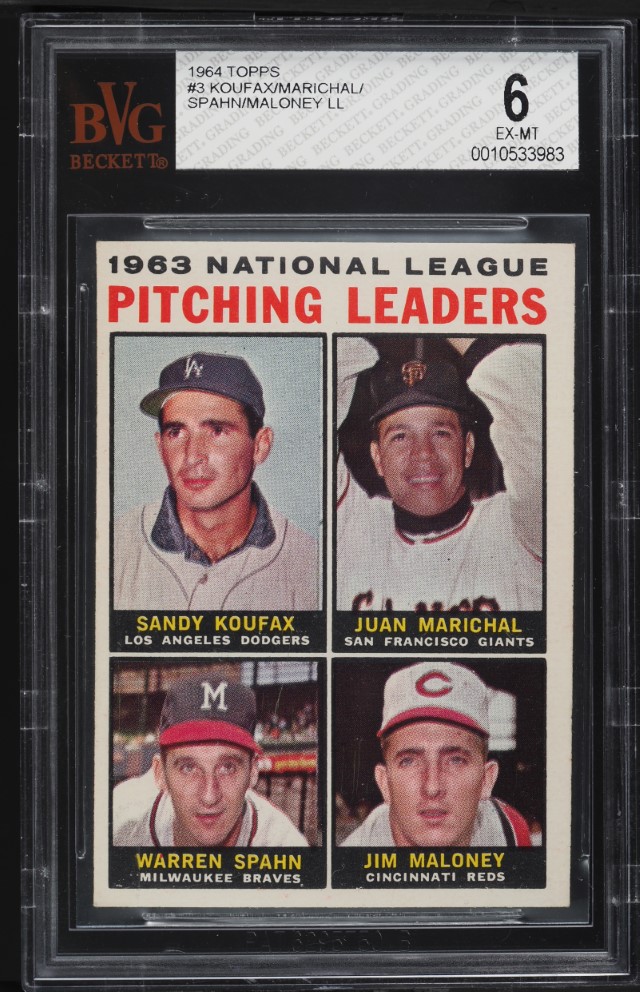 1964 Topps Sandy Koufax Marichal Warren Spahn Jim Maloney NL LDRS #3 BVG 6 EXMT