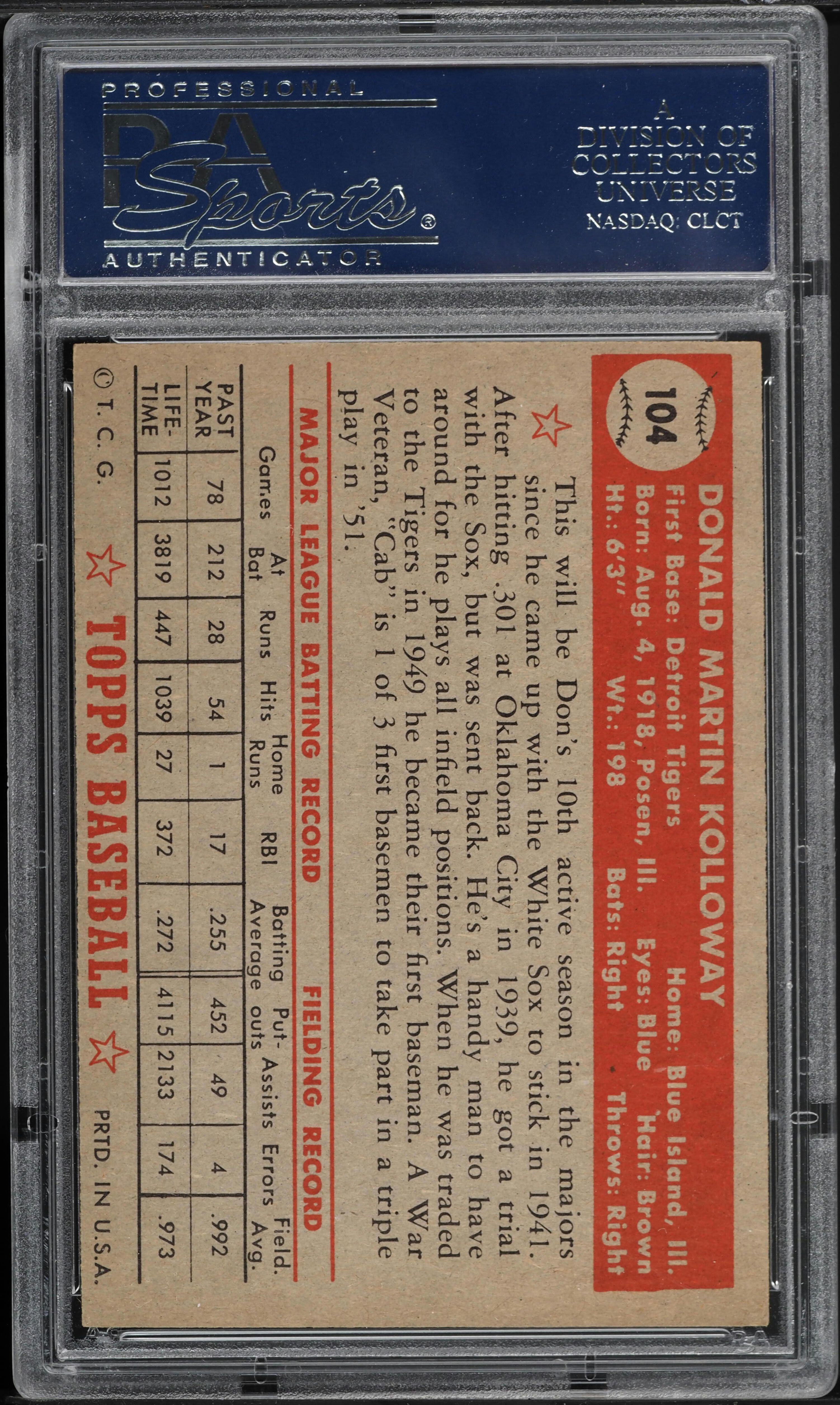 1952 Topps Don Kolloway #104 PSA 5 EX