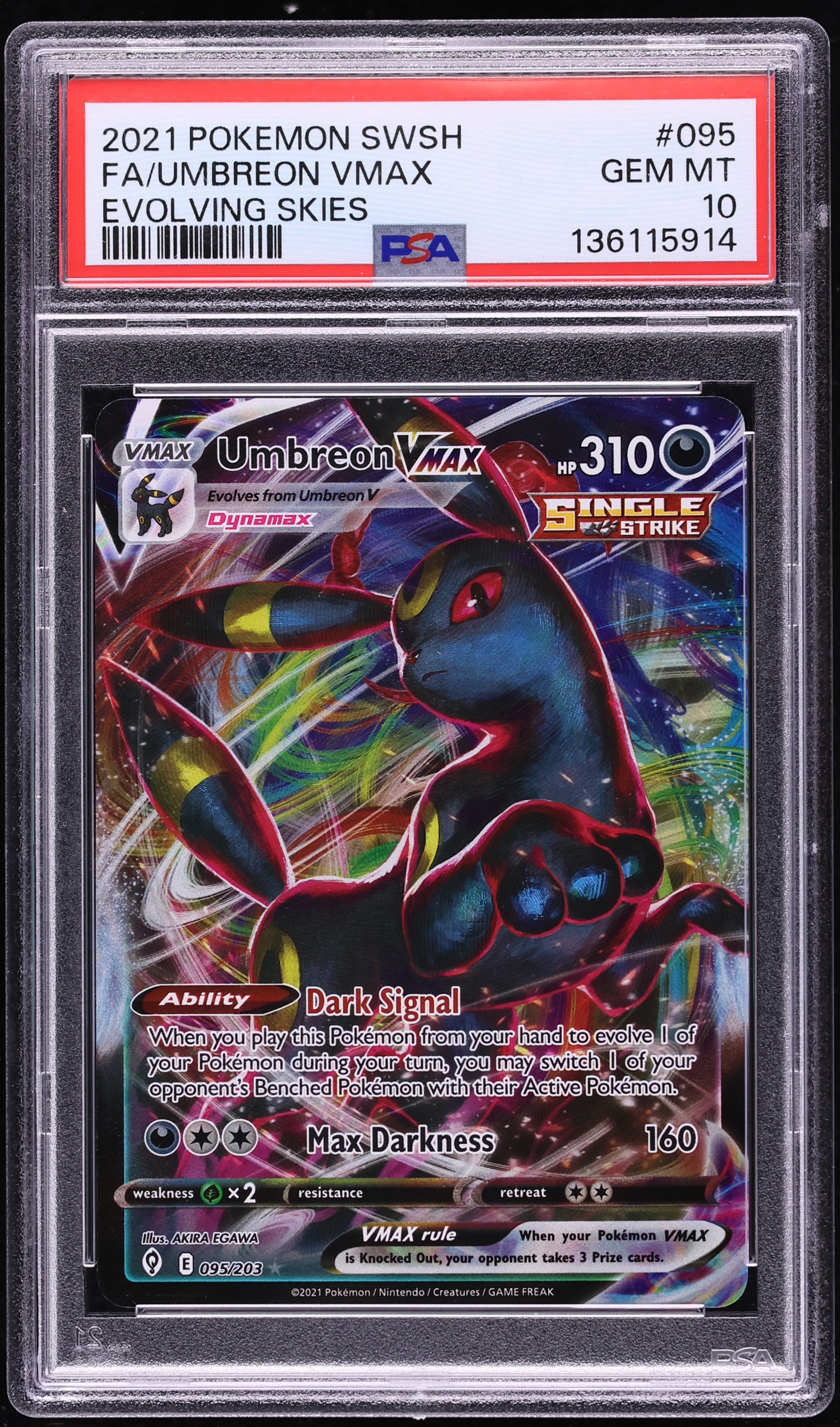 2021 Pokemon Sword & Shield Evolving Skies Full Art Umbreon VMAX #95 PSA 10 GEM MINT
