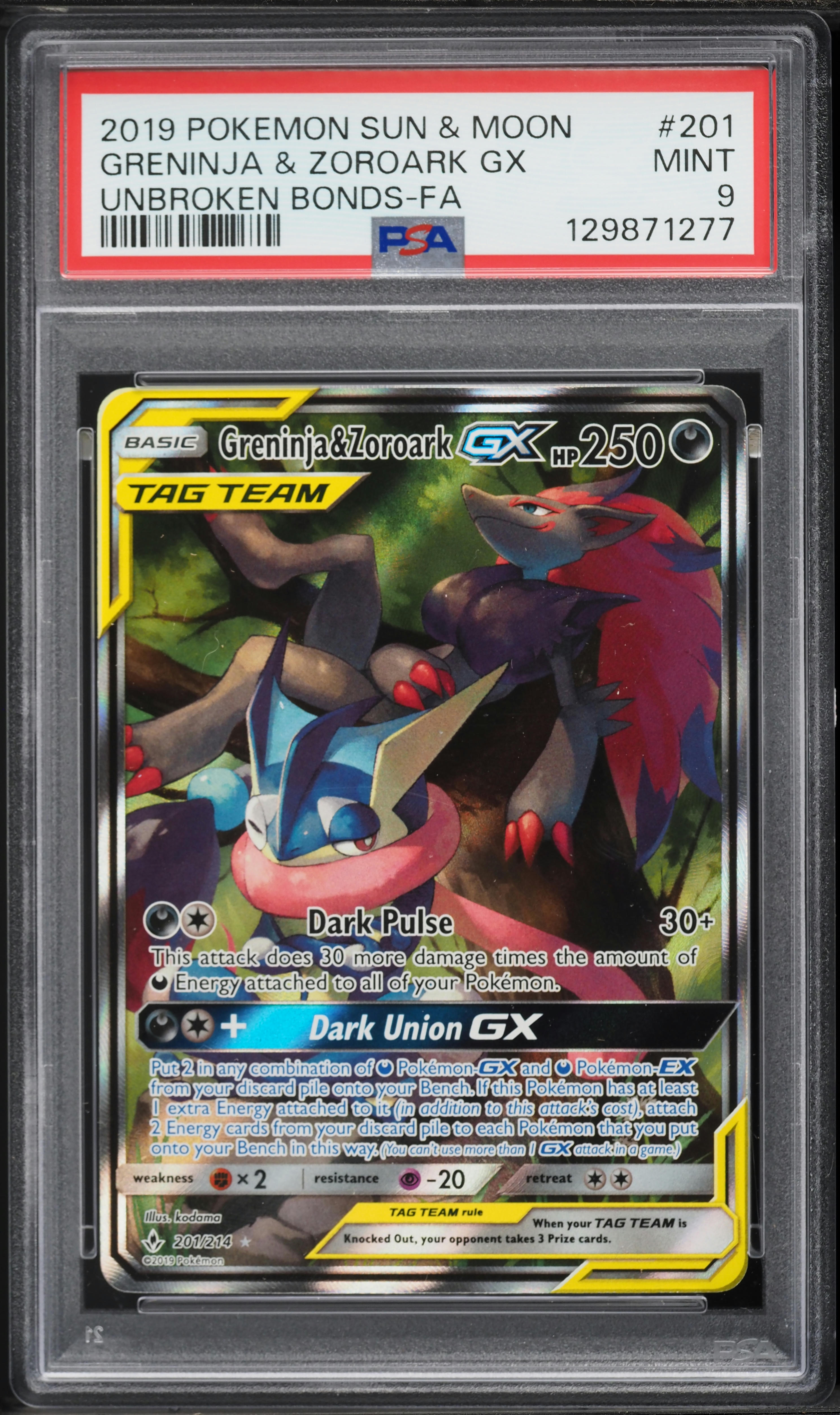 2019 Pokemon Sun & Moon Unbroken Bonds Full Art Greninja & Zoroark GX #201 PSA 9 MINT