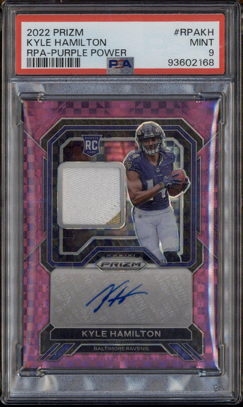 2022 Panini Prizm Rookie Patch Auto Purple Power Kyle Hamilton RC /49 PSA 9