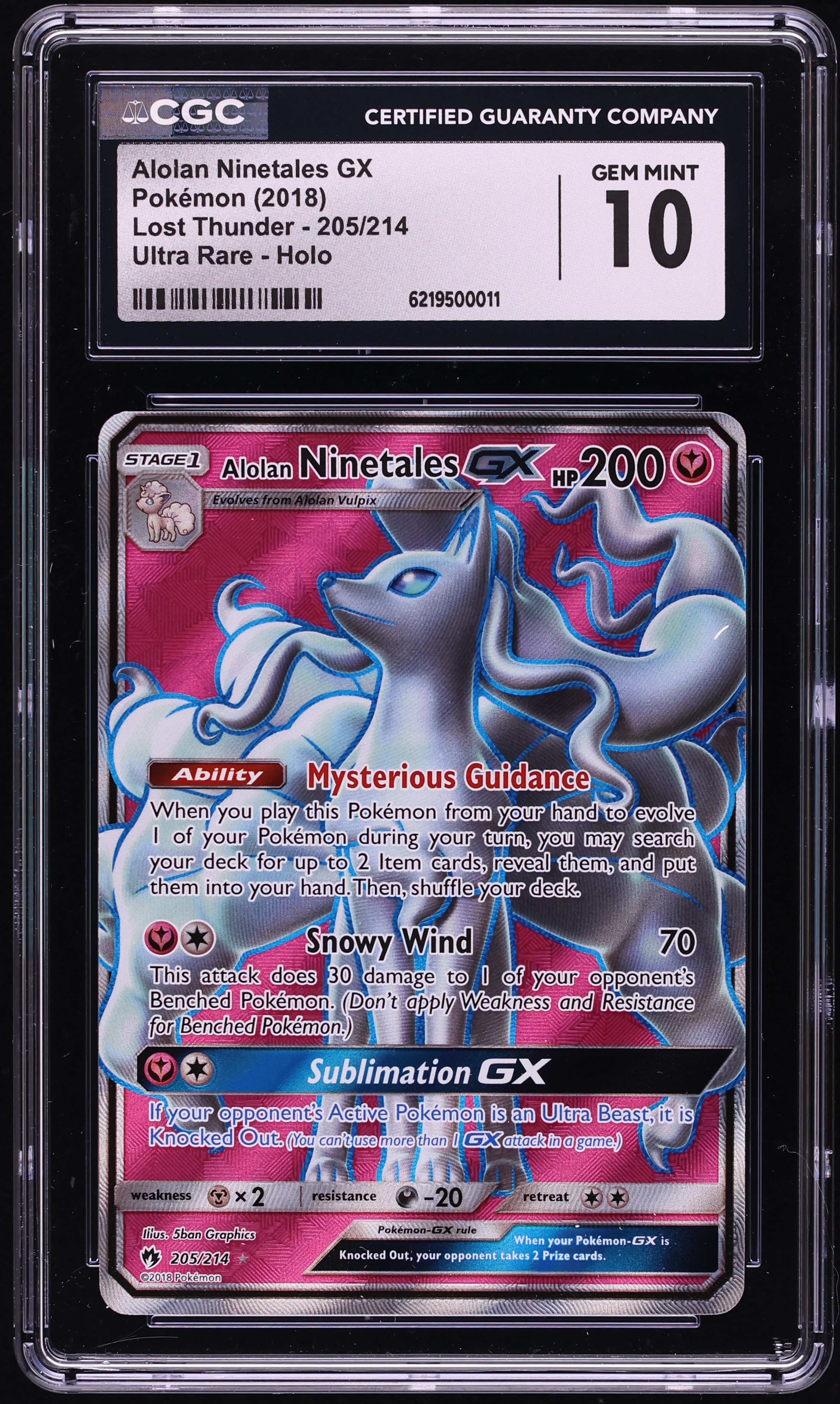 2018 Pokemon Sun & Moon Lost Thunder Full Art Alolan Ninetales GX #205 CGC 10 GEM MINT