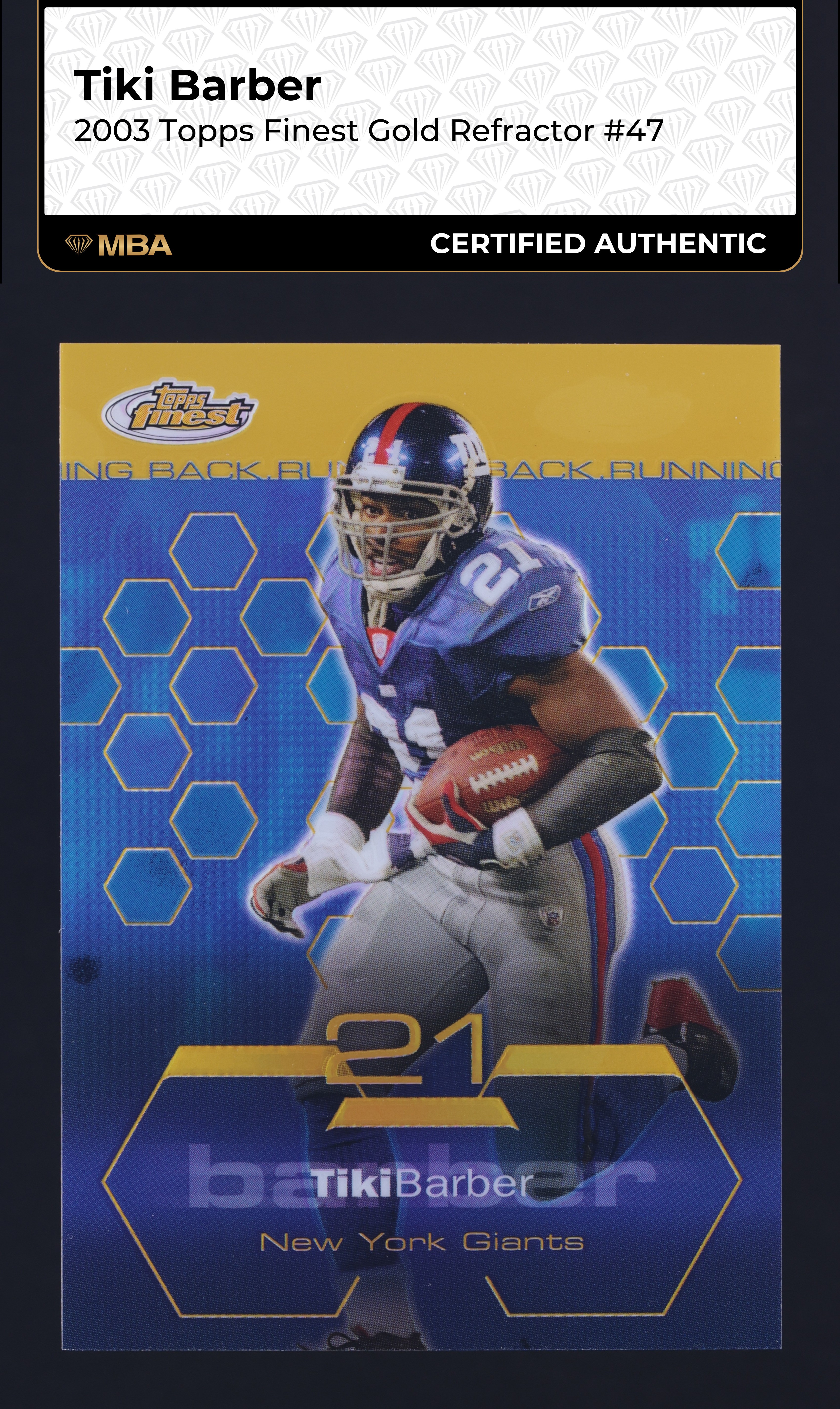 2003 Finest Gold Refractor Tiki Barber /50 #47 MBA AUTH