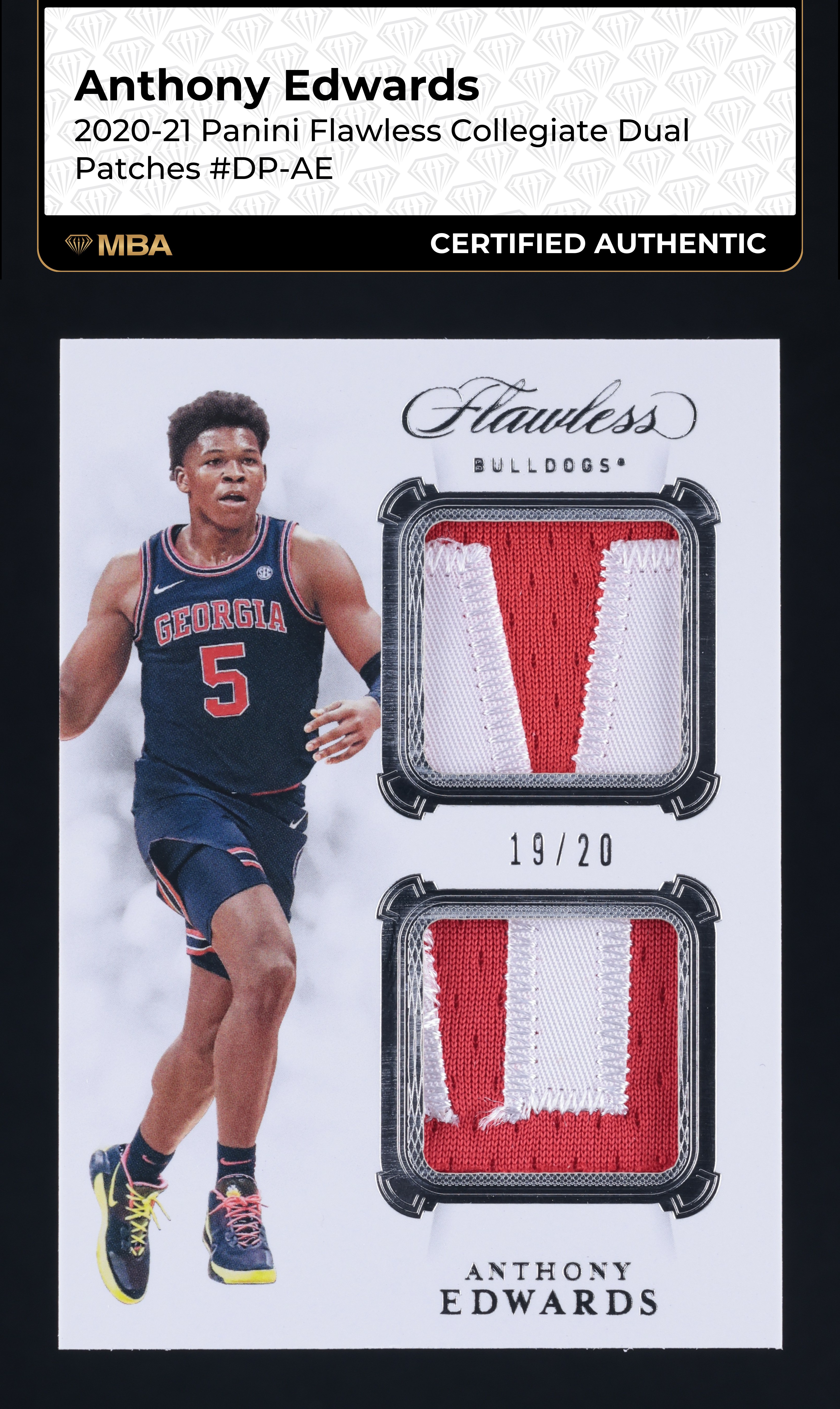 2020 Panini Flawless Collegiate Dual Anthony Edwards ROOKIE PATCH /20 MBA AUTH