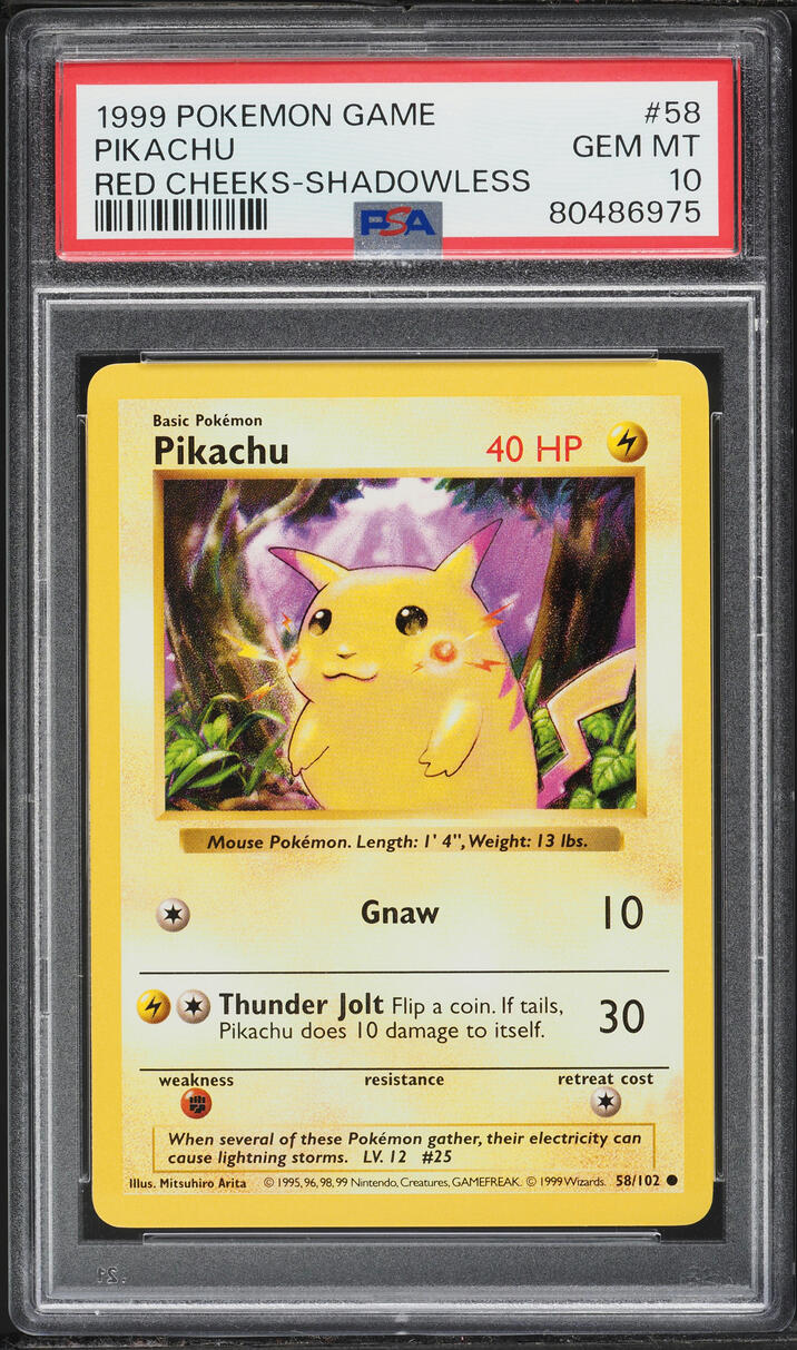 1999 Pokemon Base Set Shadowless Red Cheeks Pikachu #58 PSA 10 GEM MINT