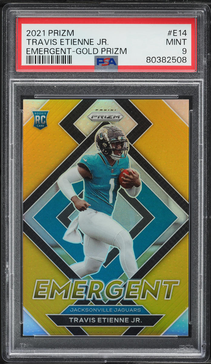 2021 Panini Prizm Emergent Gold Travis Etienne Jr. ROOKIE /10 #E14 PSA 9 MINT