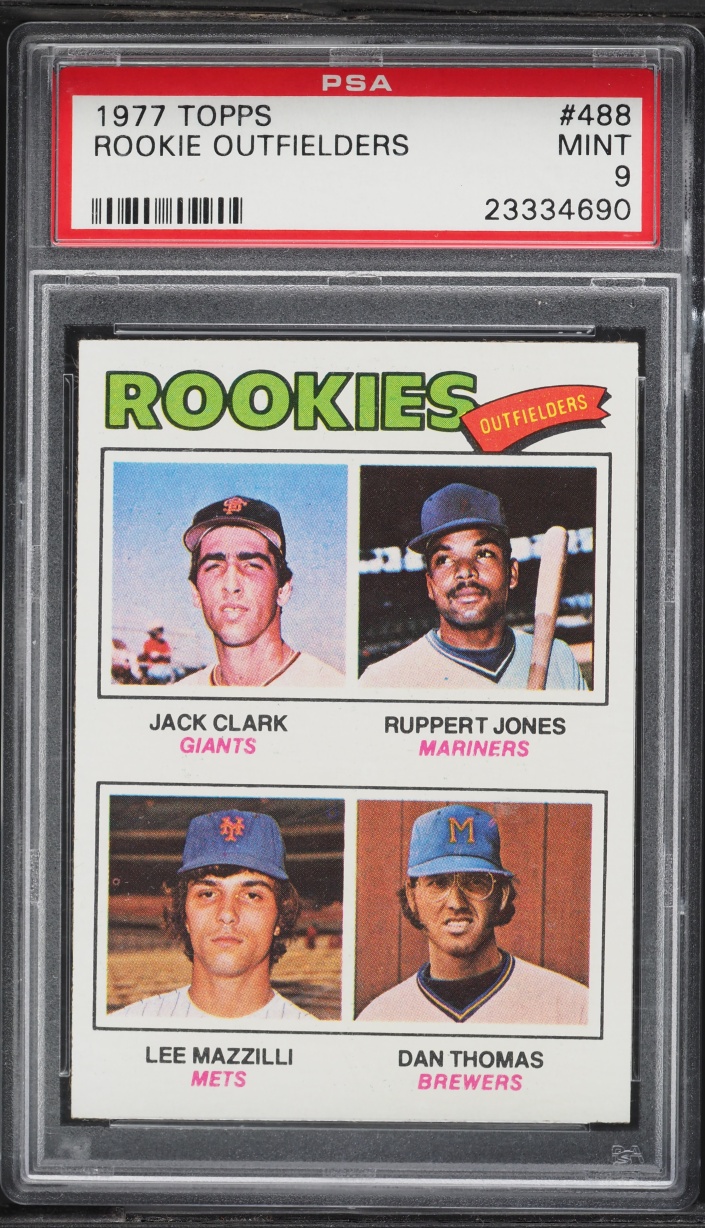 1977 Topps Outfielders Jack Clark Rupert Jones Lee Mazzilli Dan Thomas ROOKIE#488 PSA 9 MINT