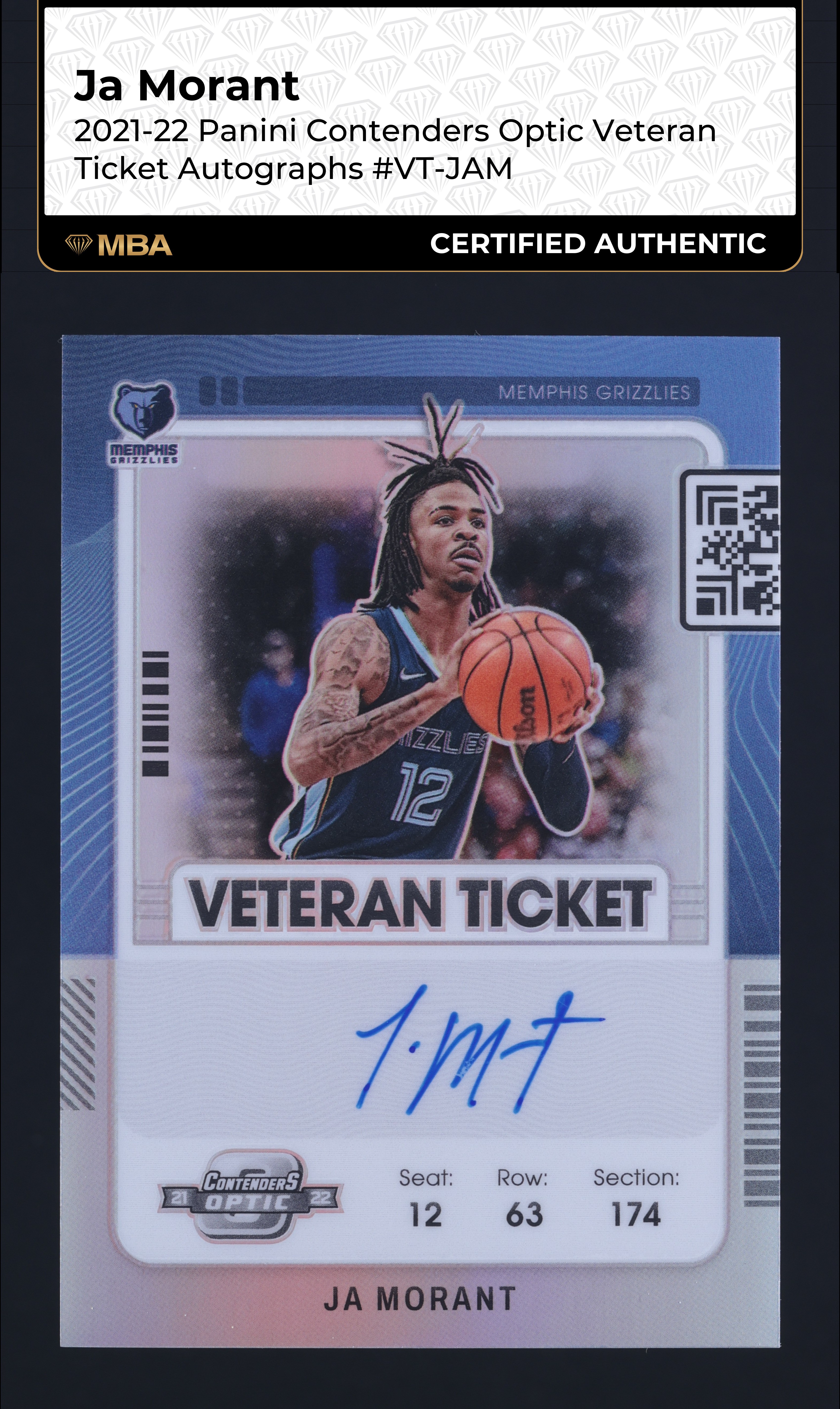 2021 Panini Contenders Optic Veteran Ticket Ja Morant AUTO #VT-JAM MBA AUTH