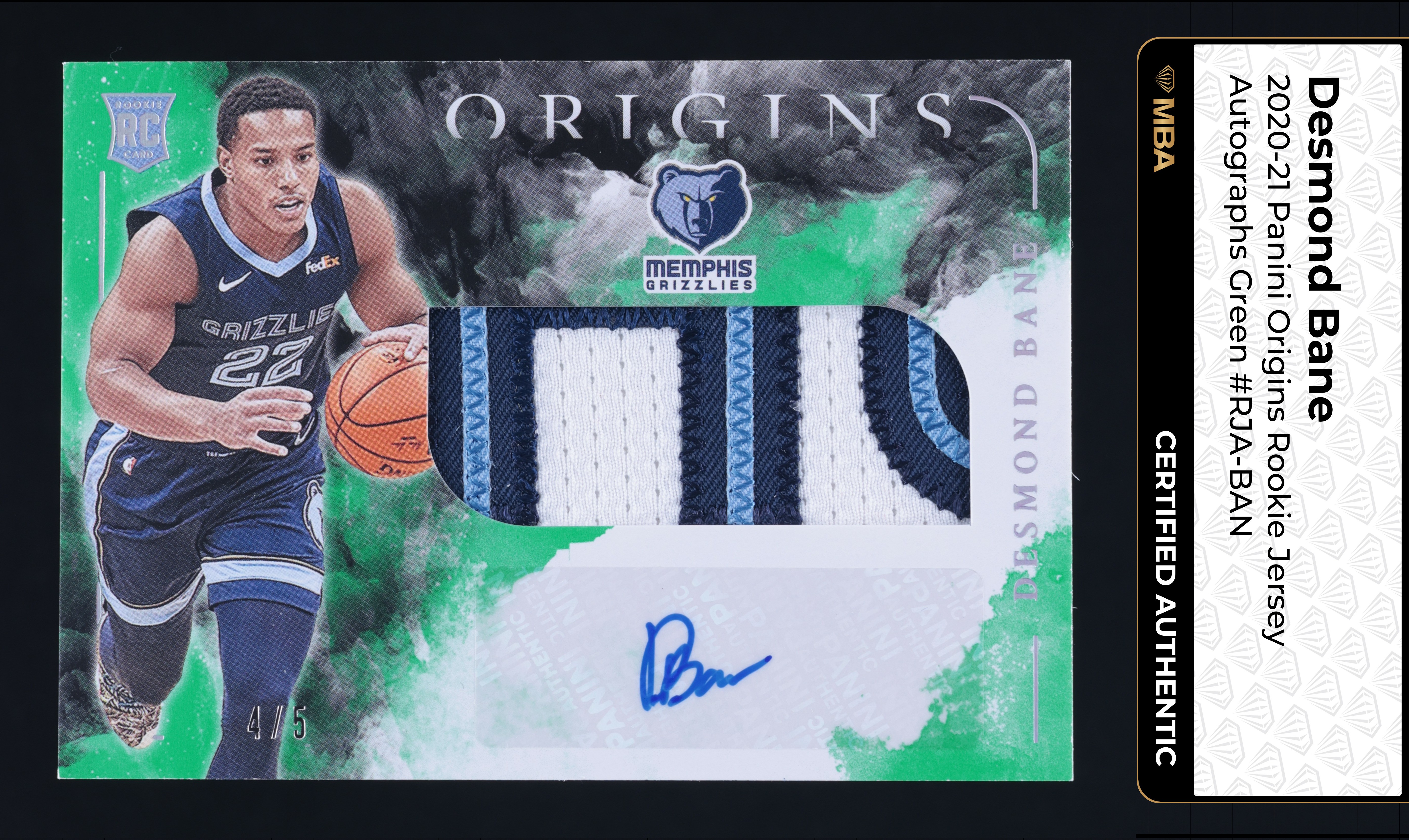 2020 Panini Origins Green Desmond Bane ROOKIE PATCH AUTO /5 #RJA-BAN MBA AUTH