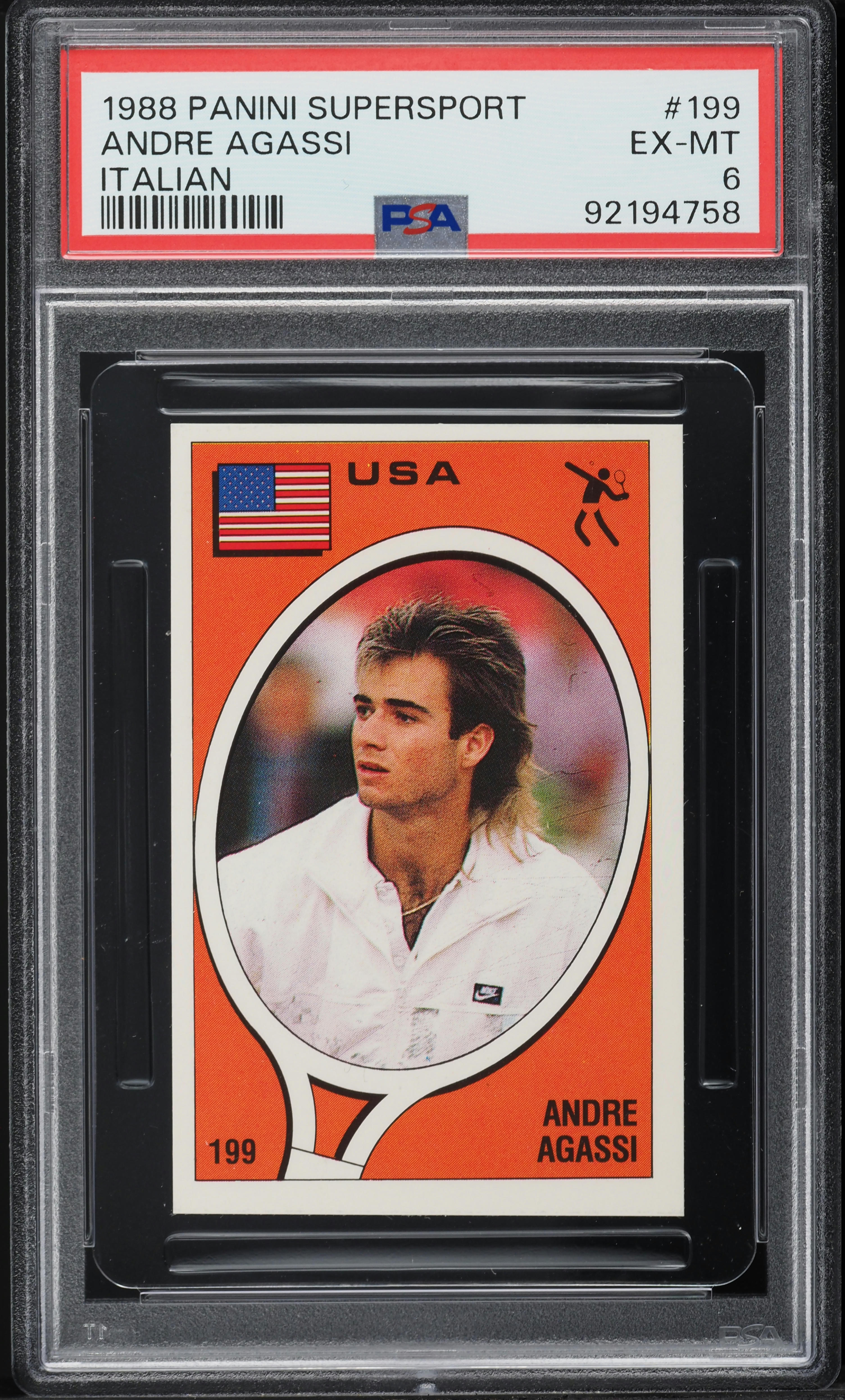1988 Panini Supersport Italian Andre Agassi ROOKIE #199 PSA 6 EXMT