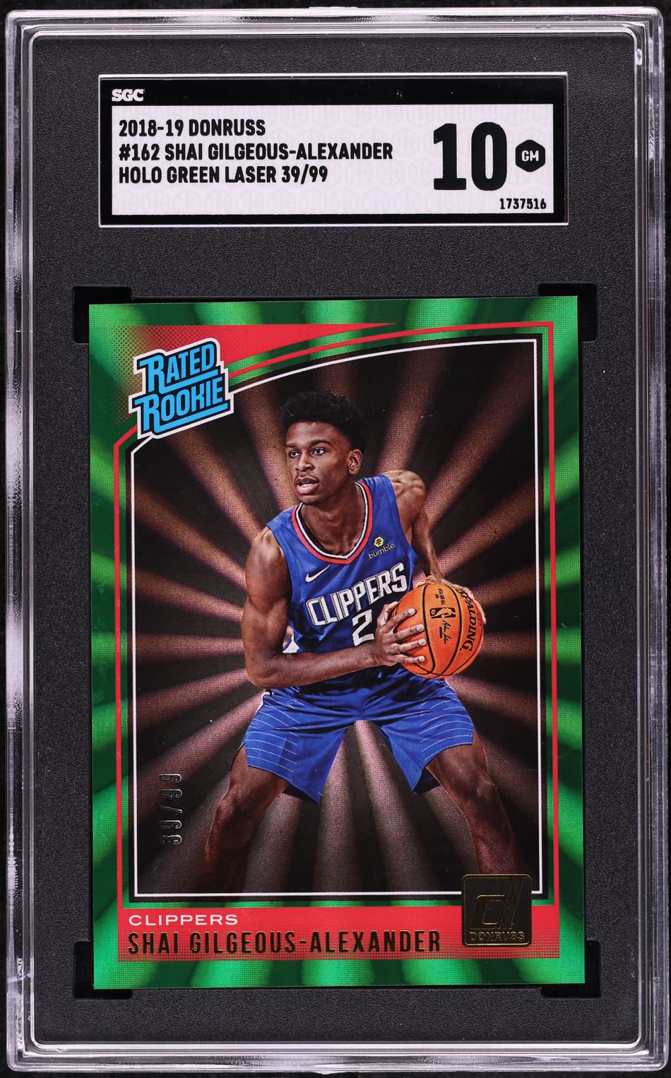 2018 Donruss Holo Green Laser Shai Gilgeous-Alexander RC /99 #162 SGC 10 GEM