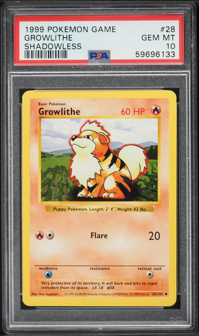 1999 Pokemon Base Set Shadowless Growlithe #28 PSA 10 GEM MINT