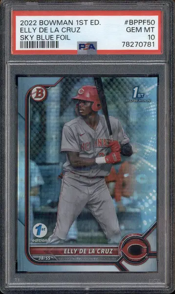 2022 Bowman 1st Edition Sky Blue Foil #BPPF50 Elly De La Cruz RC PSA 10