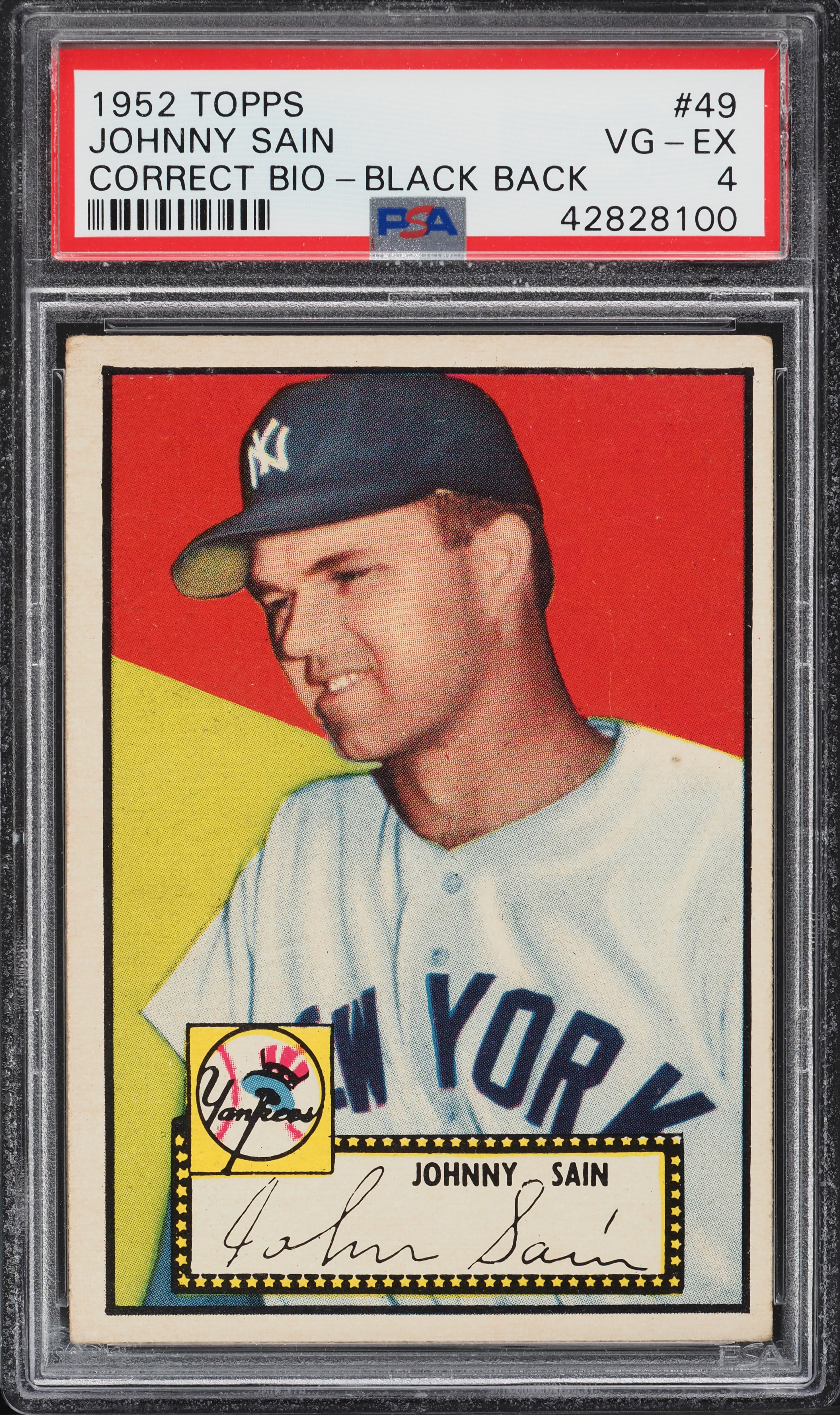 1952 Topps Johnny Sain CORRECT BIO, BLACK BACK #49 PSA 4 VGEX