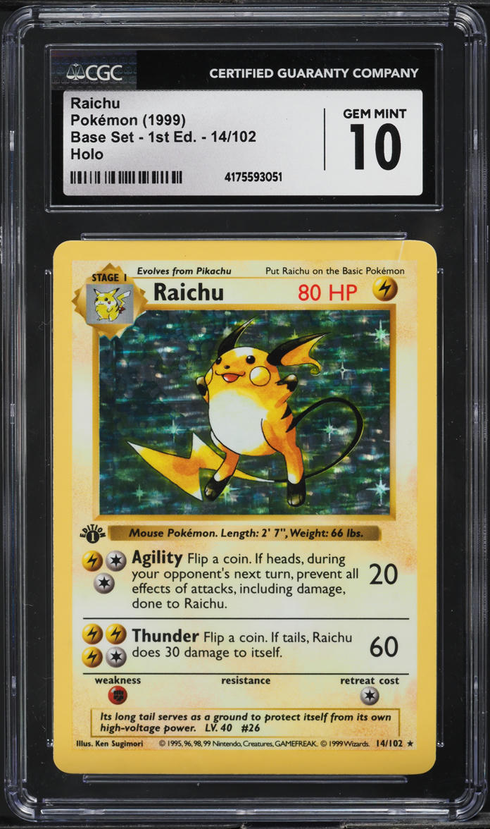 1999 Pokemon Base Set Shadowless 1st Edition Holo Raichu #14 CGC 10 GEM MINT