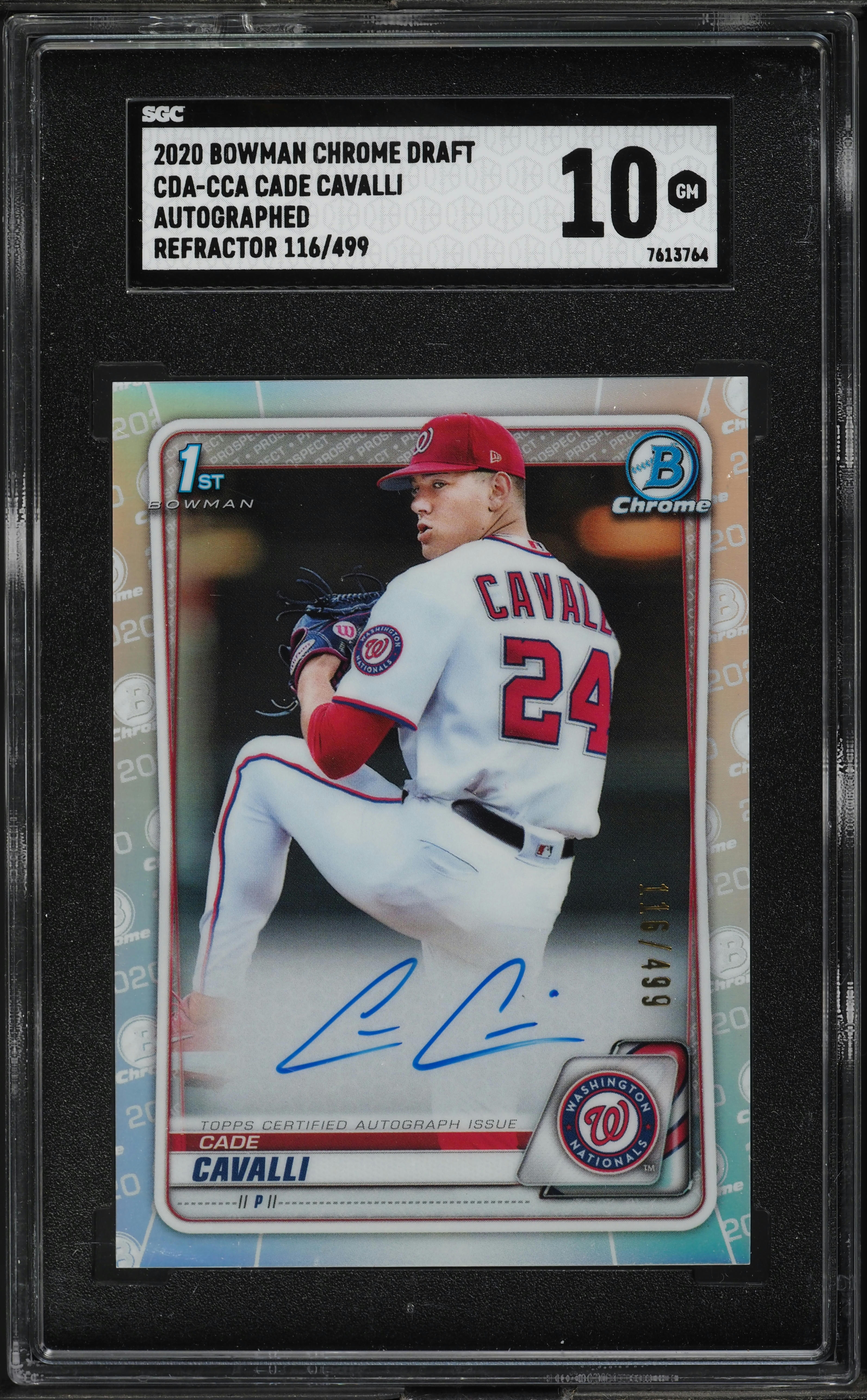 2020 Bowman Chrome Draft Refractor Cade Cavalli ROOKIE AUTO /499 #CDA-CCA SGC 10