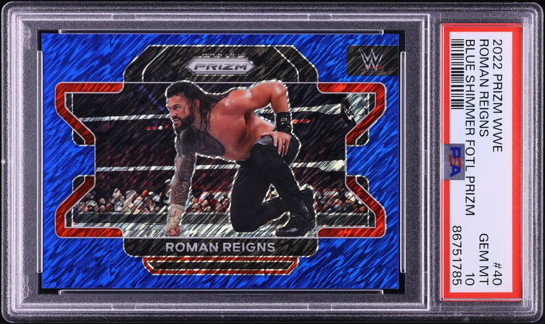2022 Panini Prizm WWE Blue Shimmer FOTL Roman Reigns /10 #40 PSA 10 GEM MINT