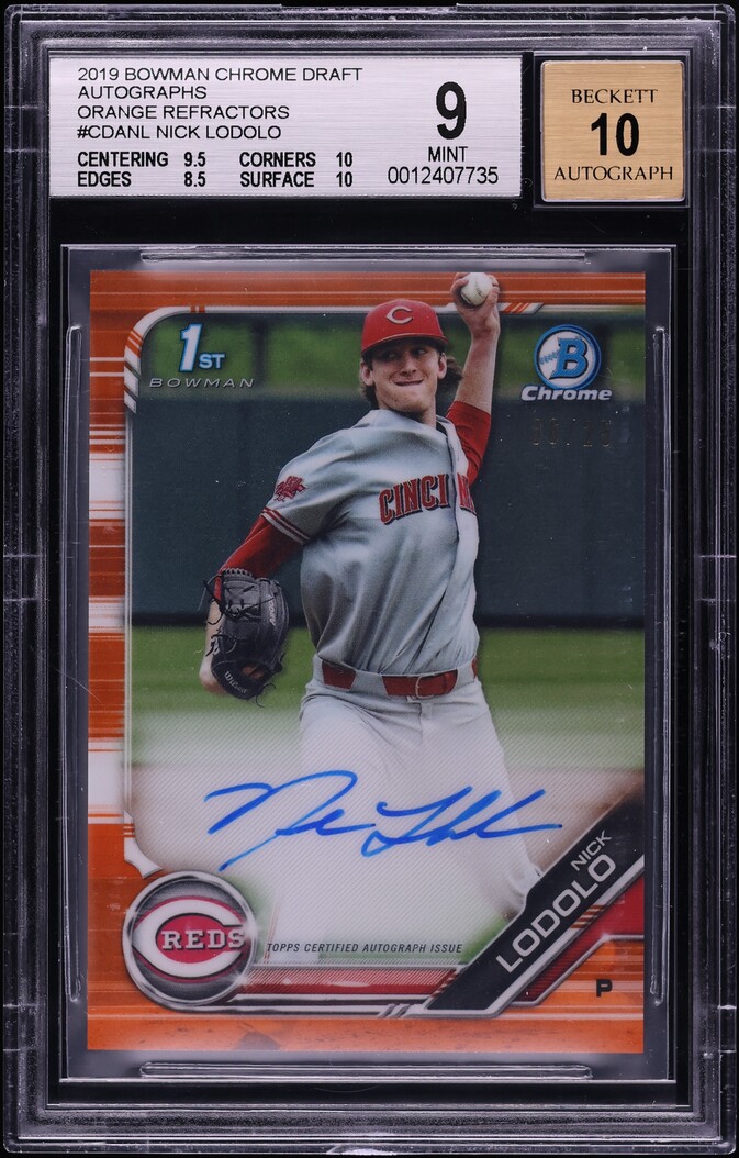 2019 Bowman Chrome Orange Refractor Nick Lodolo PROSPECT AUTO /25 BGS 9 MINT