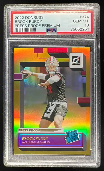 2022 Panini Donruss Premium Press Proof #374 Brock Purdy RC Rated Rookie PSA 10