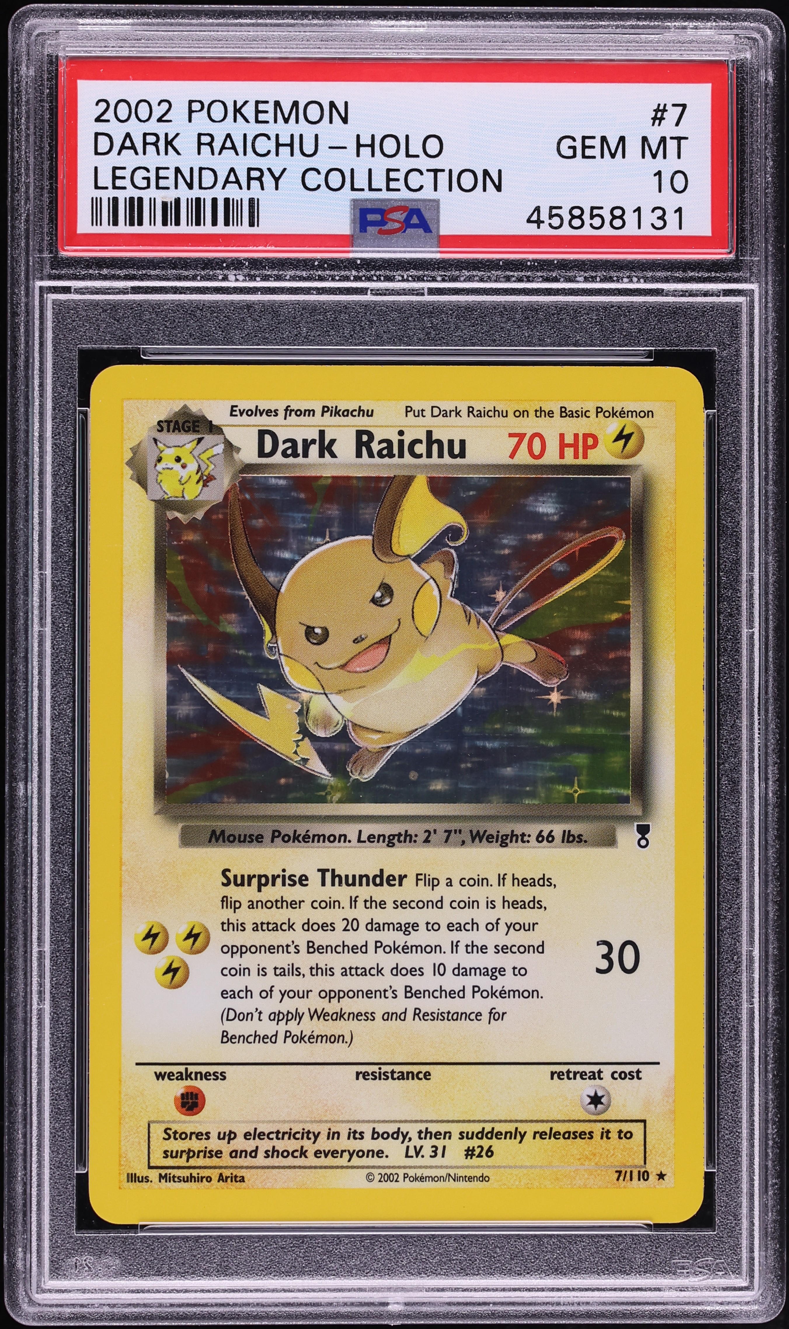 2002 Pokemon Legendary Collection Holo Dark Raichu #7 PSA 10 GEM MINT
