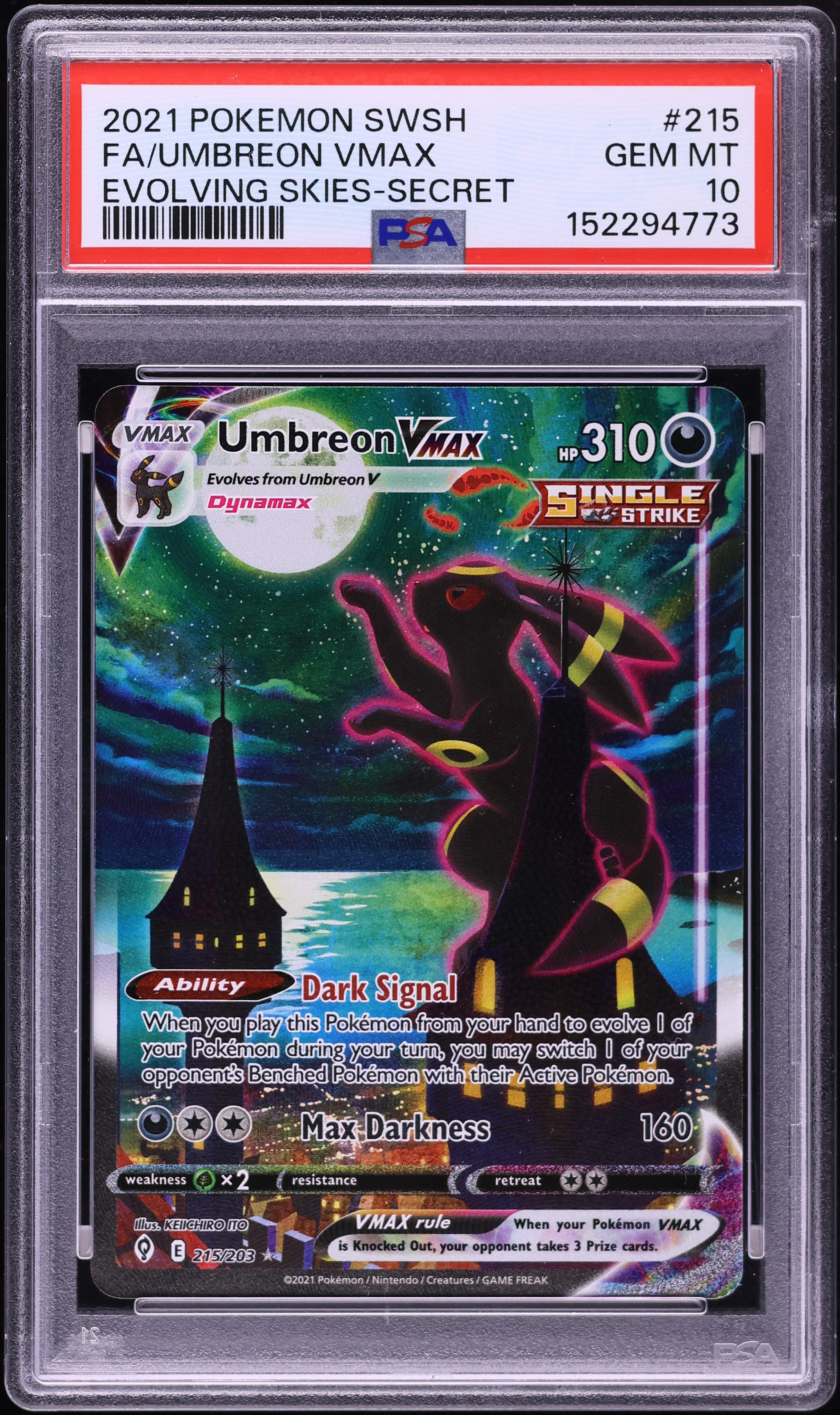 2021 Pokemon Sword & Shield Evolving Skies Alt Art Umbreon VMAX #215 PSA 10 GEM MINT