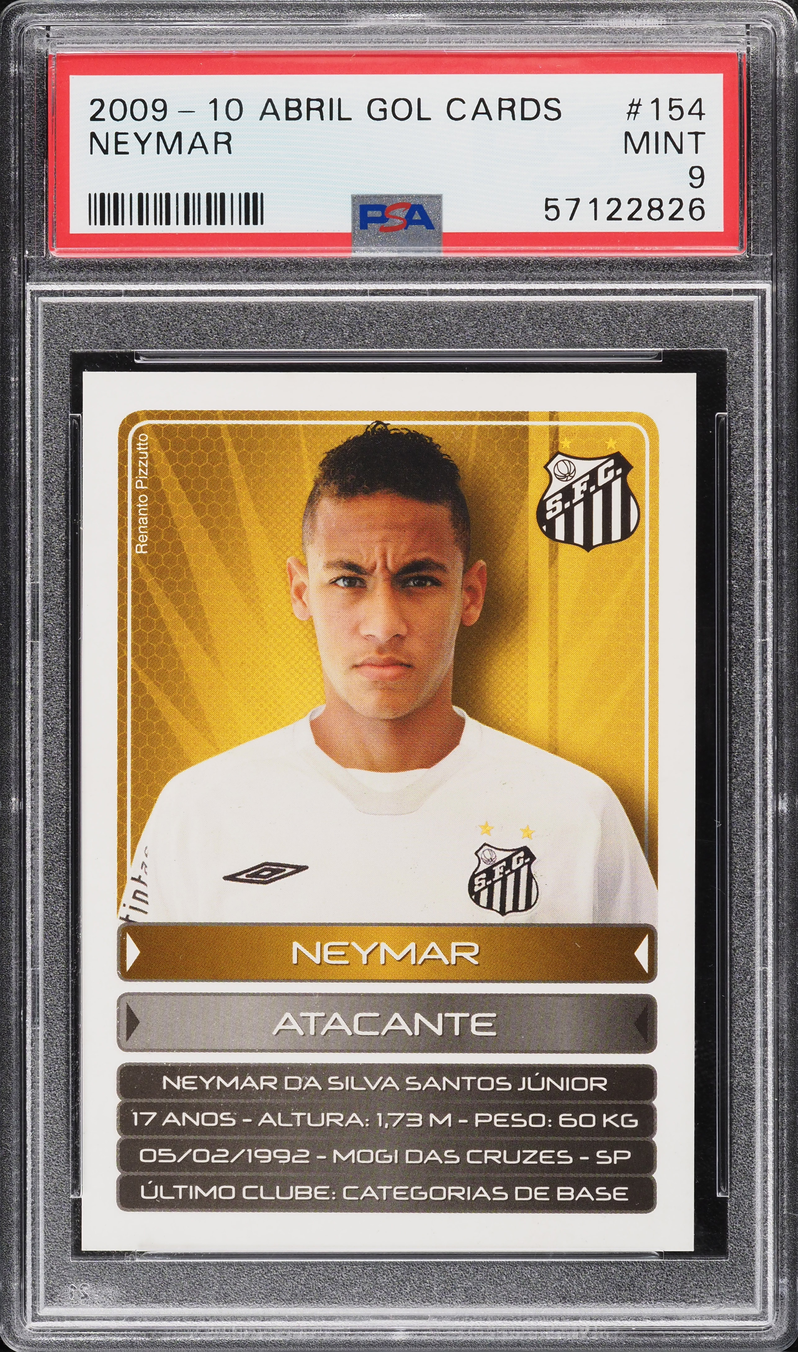 2009 Abril Gol Cards Soccer Neymar Jr. ROOKIE #154 PSA 9 MINT