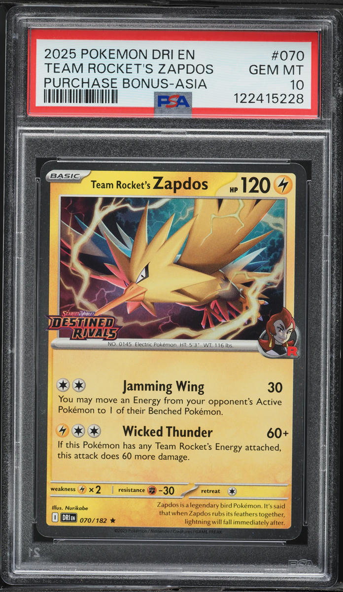 2025 Pokemon Dri En Destined Rivals Bonus Asia Team Rocket's Zapdos #070 PSA 10