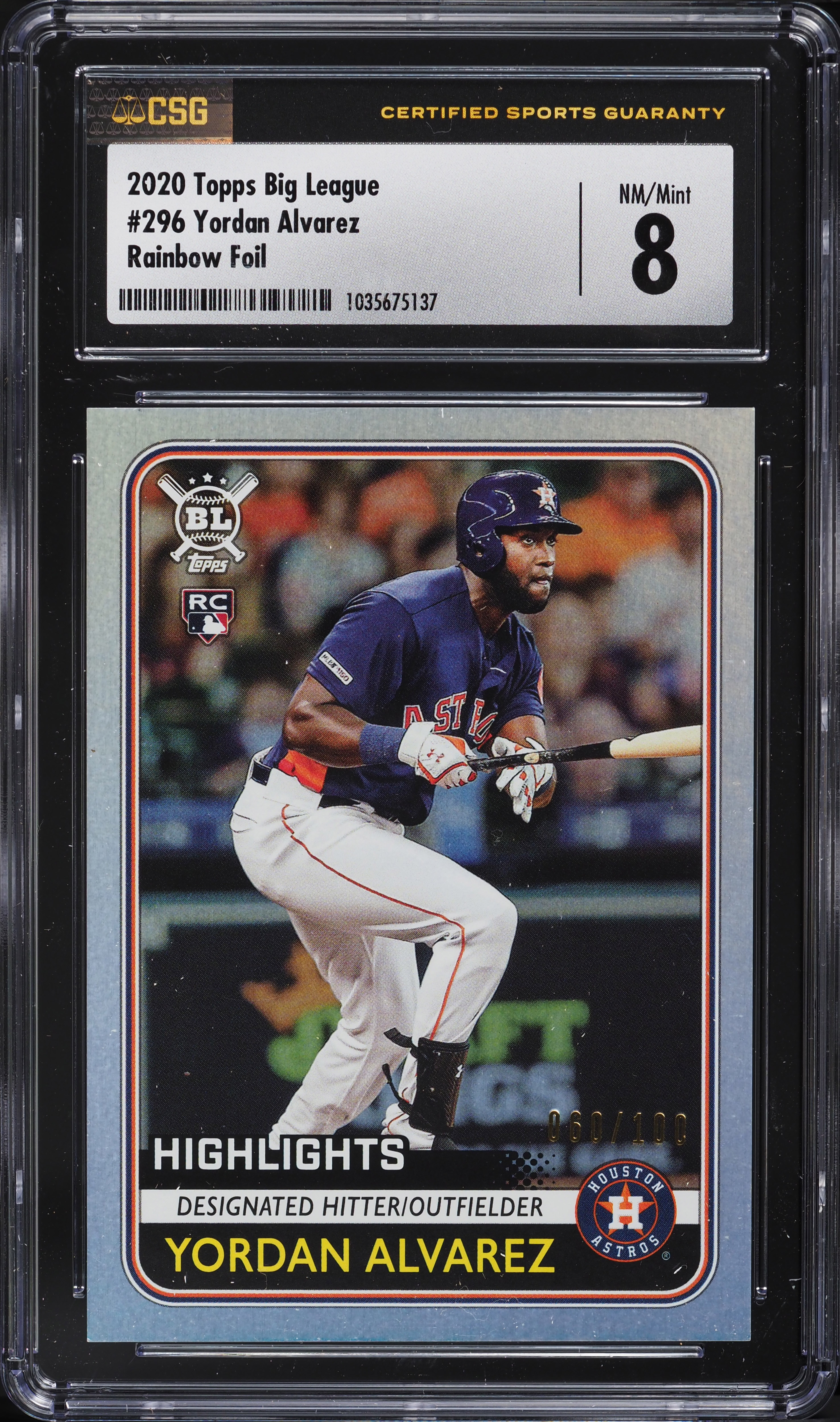 2020 Topps Big League Rainbow Foil Yordan Alvarez ROOKIE /100 #296 CSG 8 NM-MT