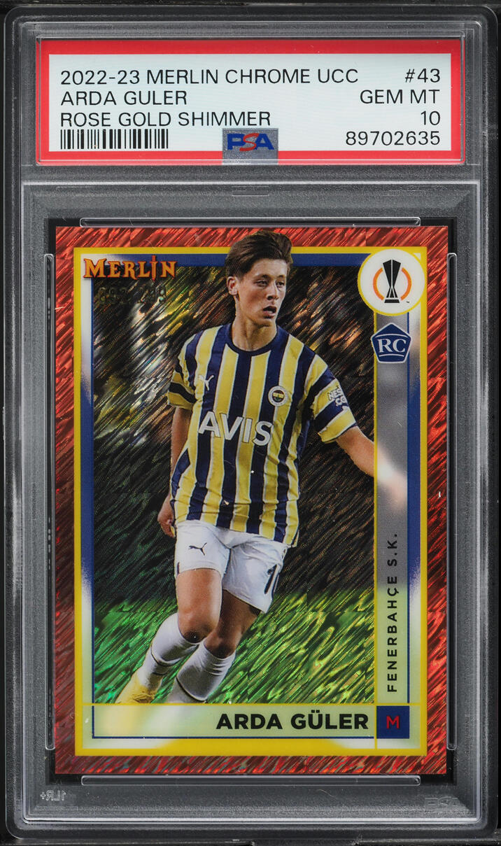 2022 Topps Merlin Chrome UEFA Rose Gold Shimmer Arda Guler ROOKIE /299 PSA 10