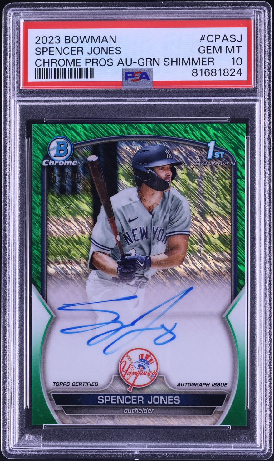 2023 Bowman Chrome Green Shimmer Spencer Jones PROSPECT AUTO /99 #CPASJ PSA 10