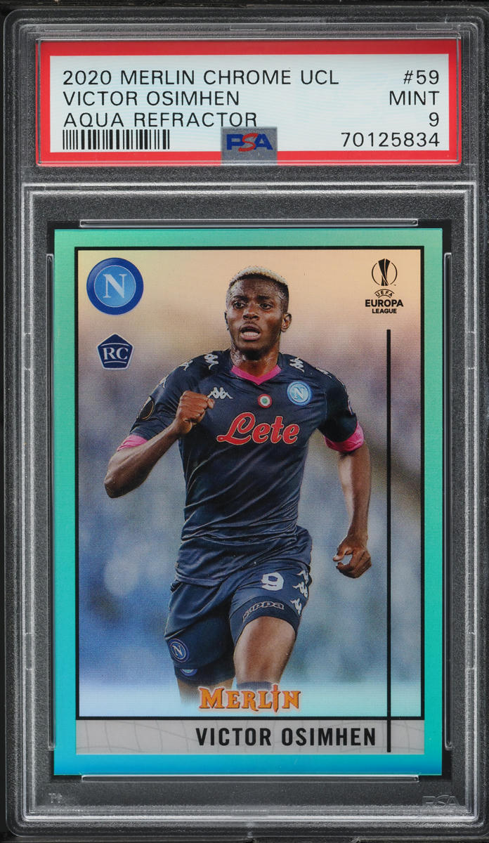 2020 Topps Merlin Chrome UEFA Aqua Refractor Victor Osimhen ROOKIE /199 PSA 9