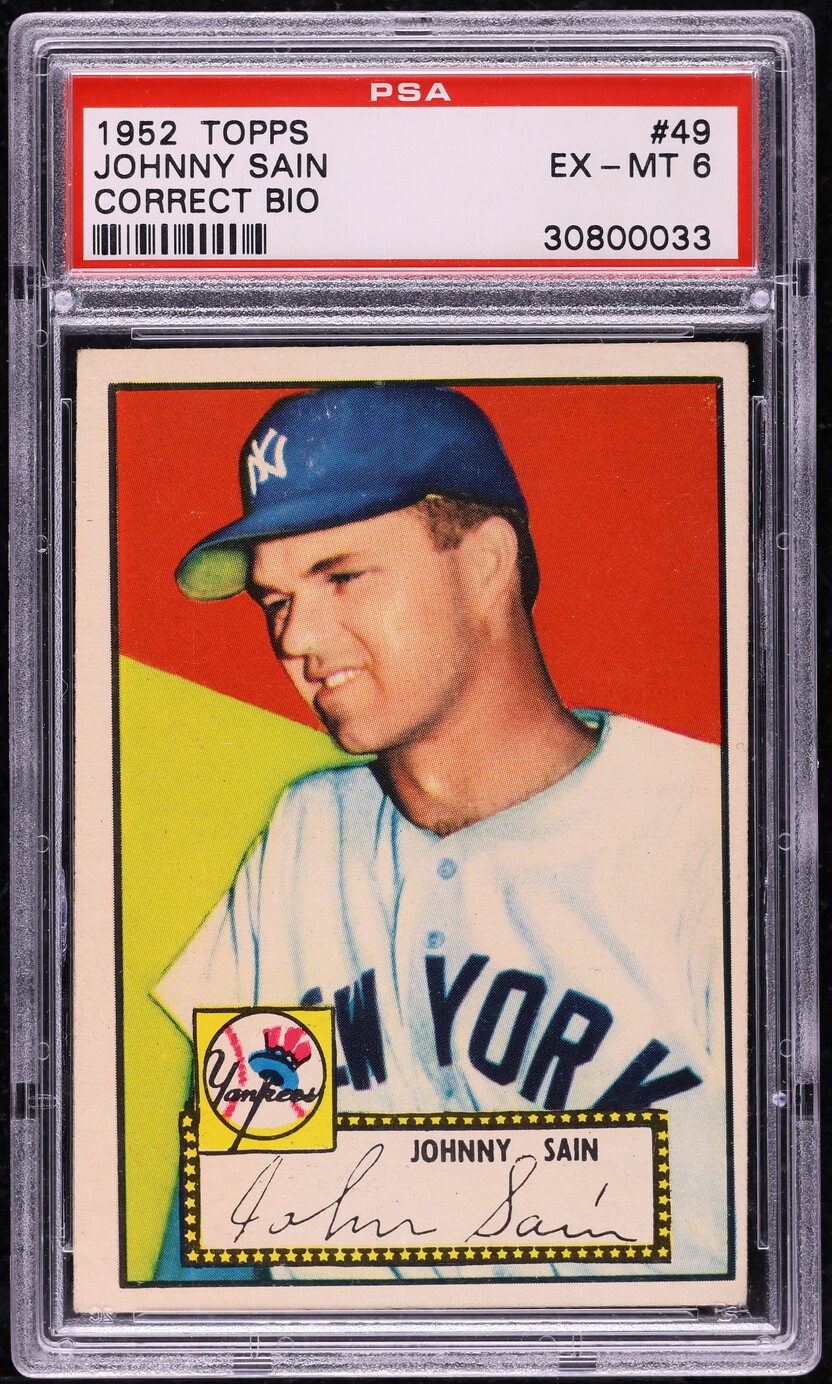 1952 Topps Johnny Sain CORRECT BIO #49 PSA 6 EXMT