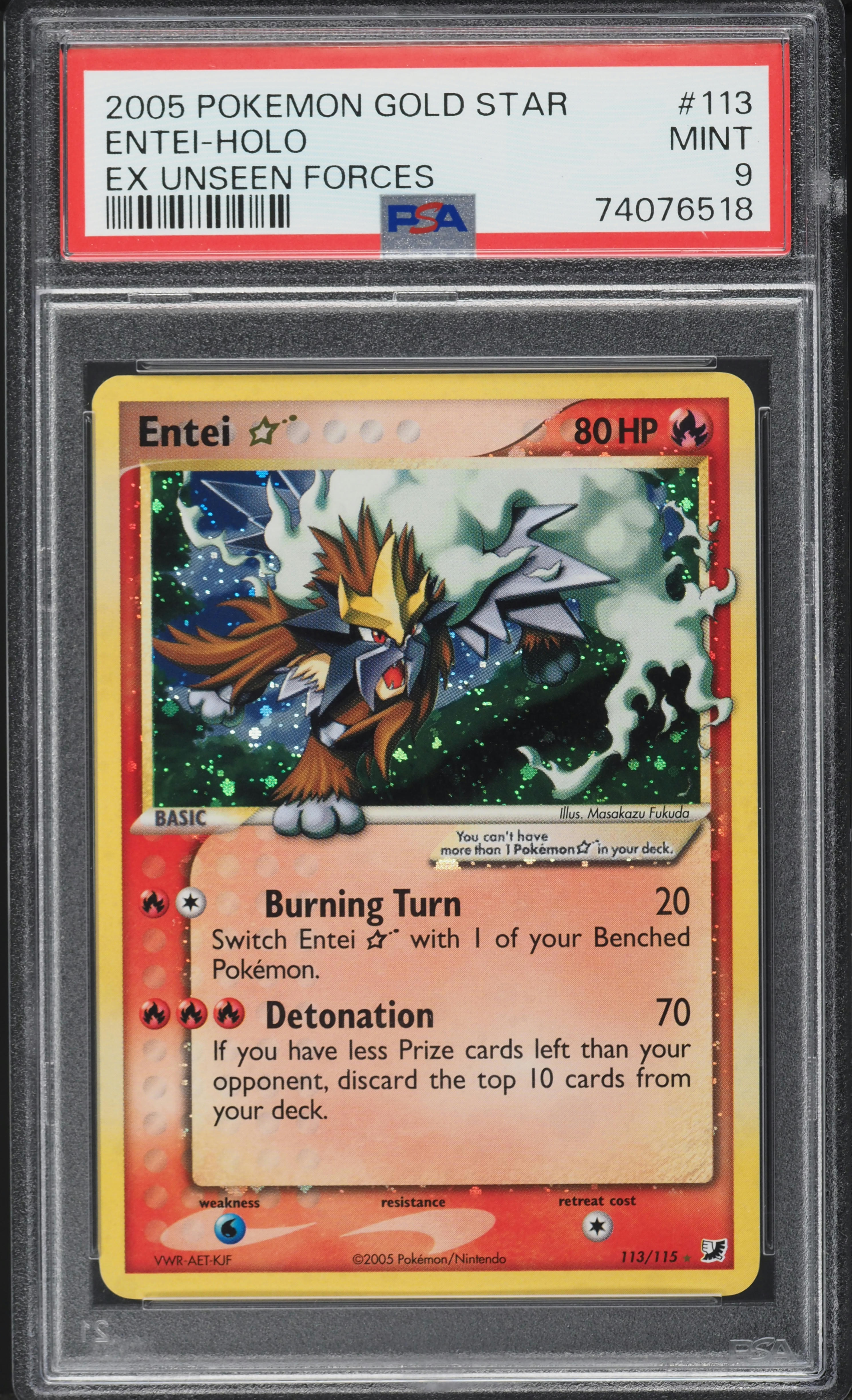 2005 Pokemon EX Unseen Forces Holo Entei Gold Star #113 PSA 9 MINT