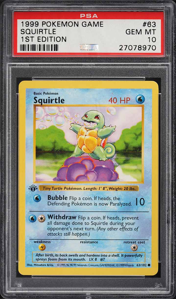 1999 Pokemon Base Set Shadowless 1st Edition Squirtle #63 PSA 10 GEM MINT