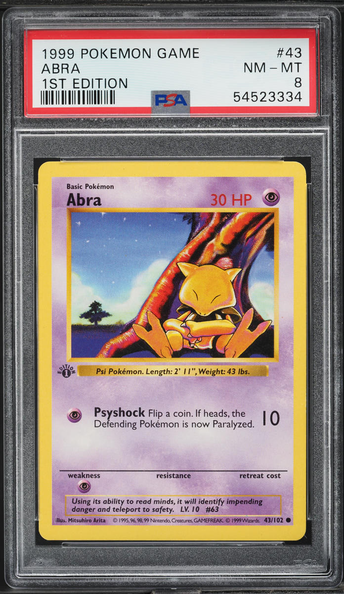 1999 Pokemon Base Set Shadowless 1st Edition Abra #43 PSA 8 NM-MT