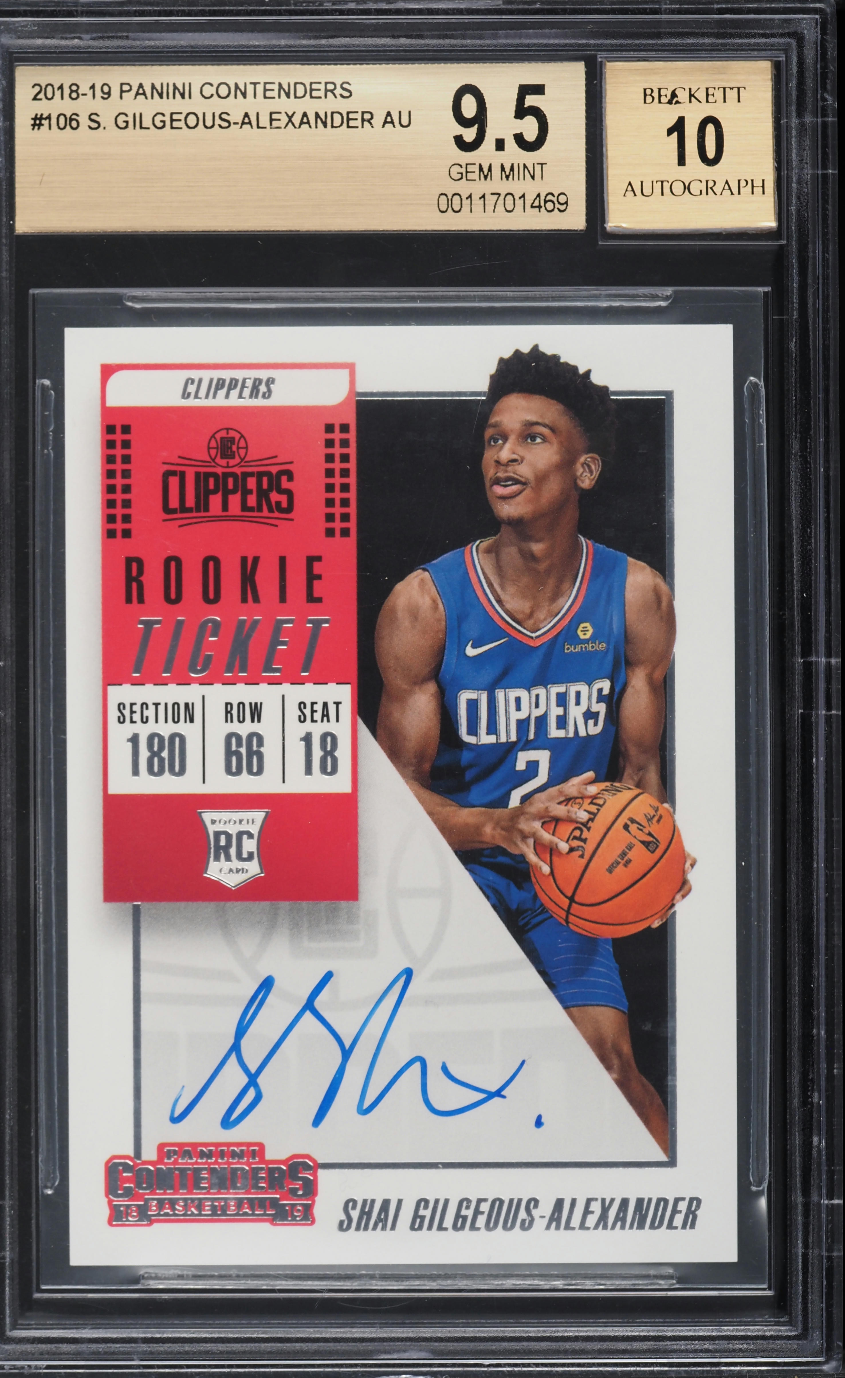 2018 Panini Contenders Shai Gilgeous-Alexander ROOKIE AUTO #106 BGS 9.5 GEM MINT