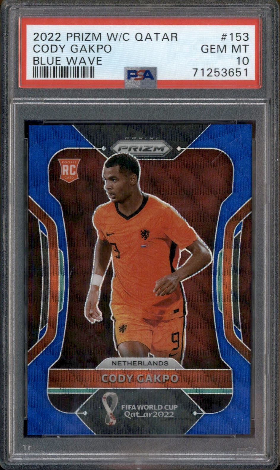 2022 Panini Prizm World Cup Qatar Blue Wave Cody Gakpo RC Rookie /199 PSA 10