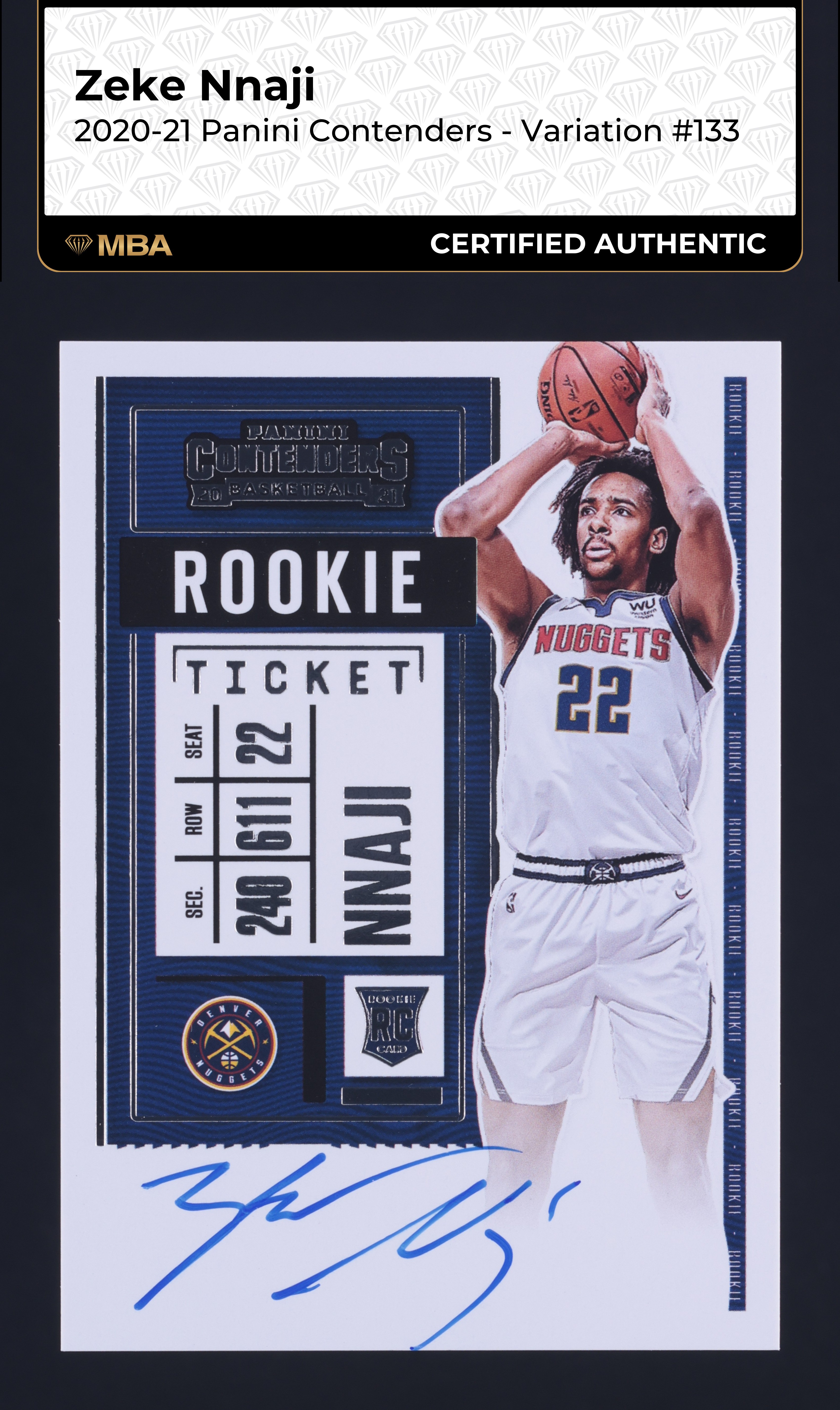 2020 Panini Contenders Variation Zeke Nnaji ROOKIE AUTO #133 MBA AUTH